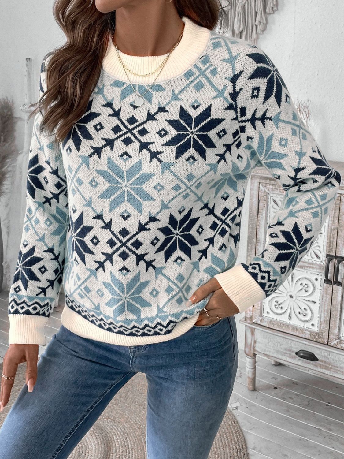 Perfee Graphic Round Neck Long Sleeve Sweater-TOPS / DRESSES-[Adult]-[Female]-2022 Online Blue Zone Planet