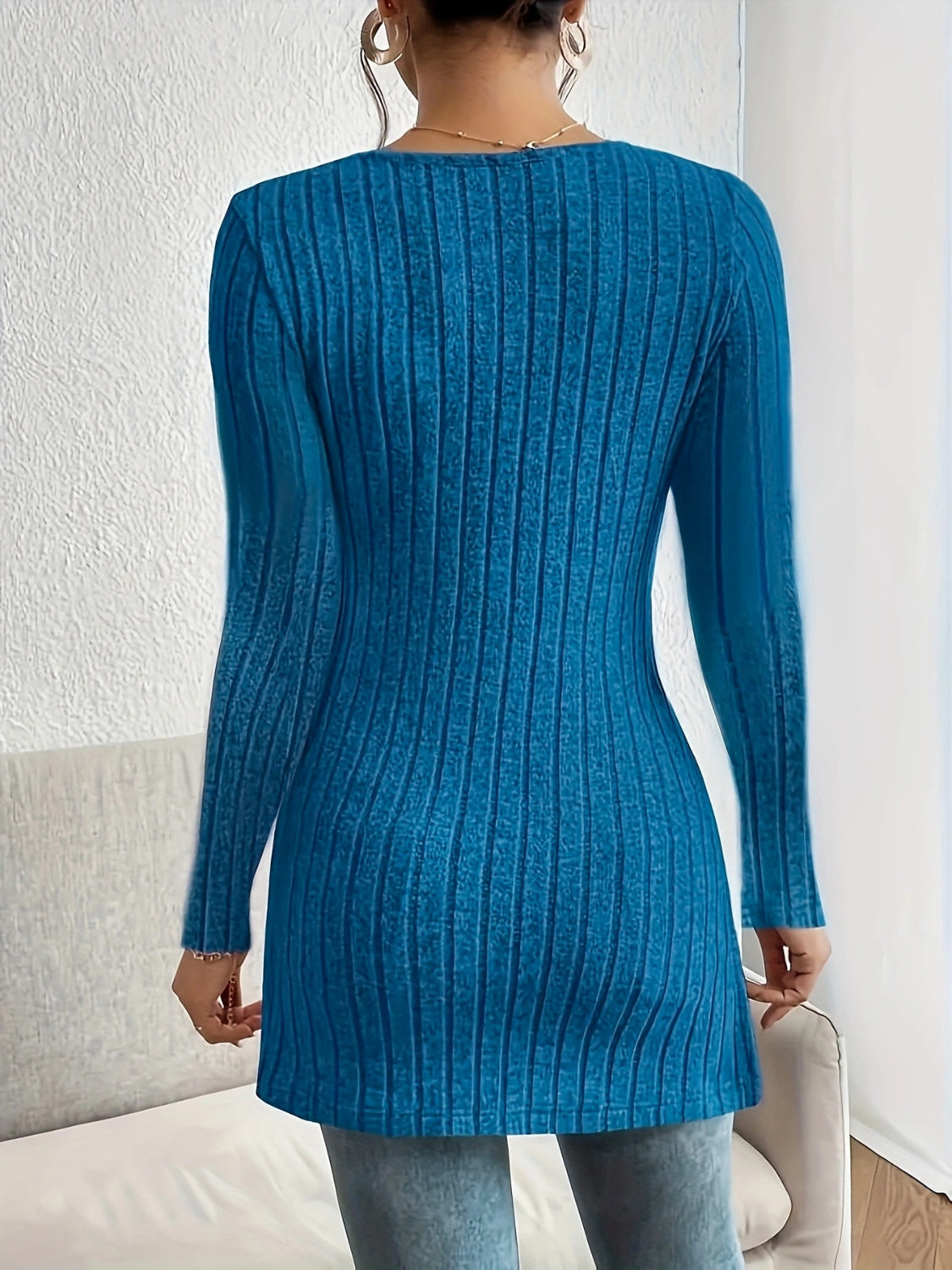 Slit Ribbed V-Neck Long Sleeve T-Shirt-TOPS / DRESSES-[Adult]-[Female]-2022 Online Blue Zone Planet