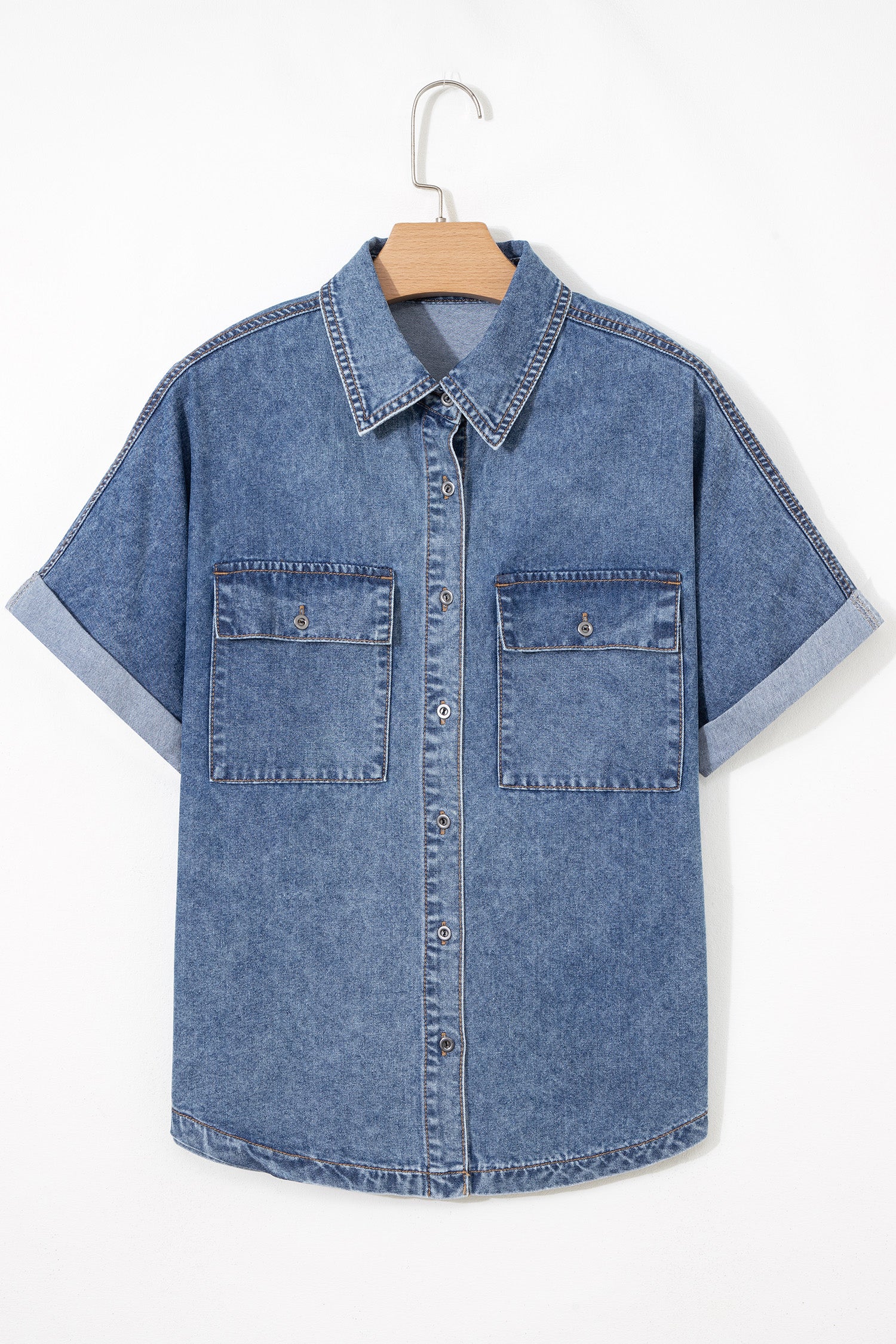 Ashleigh Blue Button Flap Pocket Cuffed Short Sleeve Denim Shirt-Tops/Blouses & Shirts-[Adult]-[Female]-2022 Online Blue Zone Planet