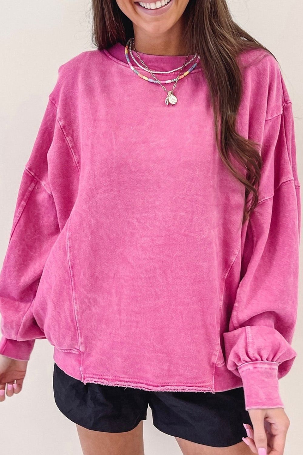 Round Neck Long Sleeve Sweatshirt-TOPS / DRESSES-[Adult]-[Female]-Pink-S-2022 Online Blue Zone Planet