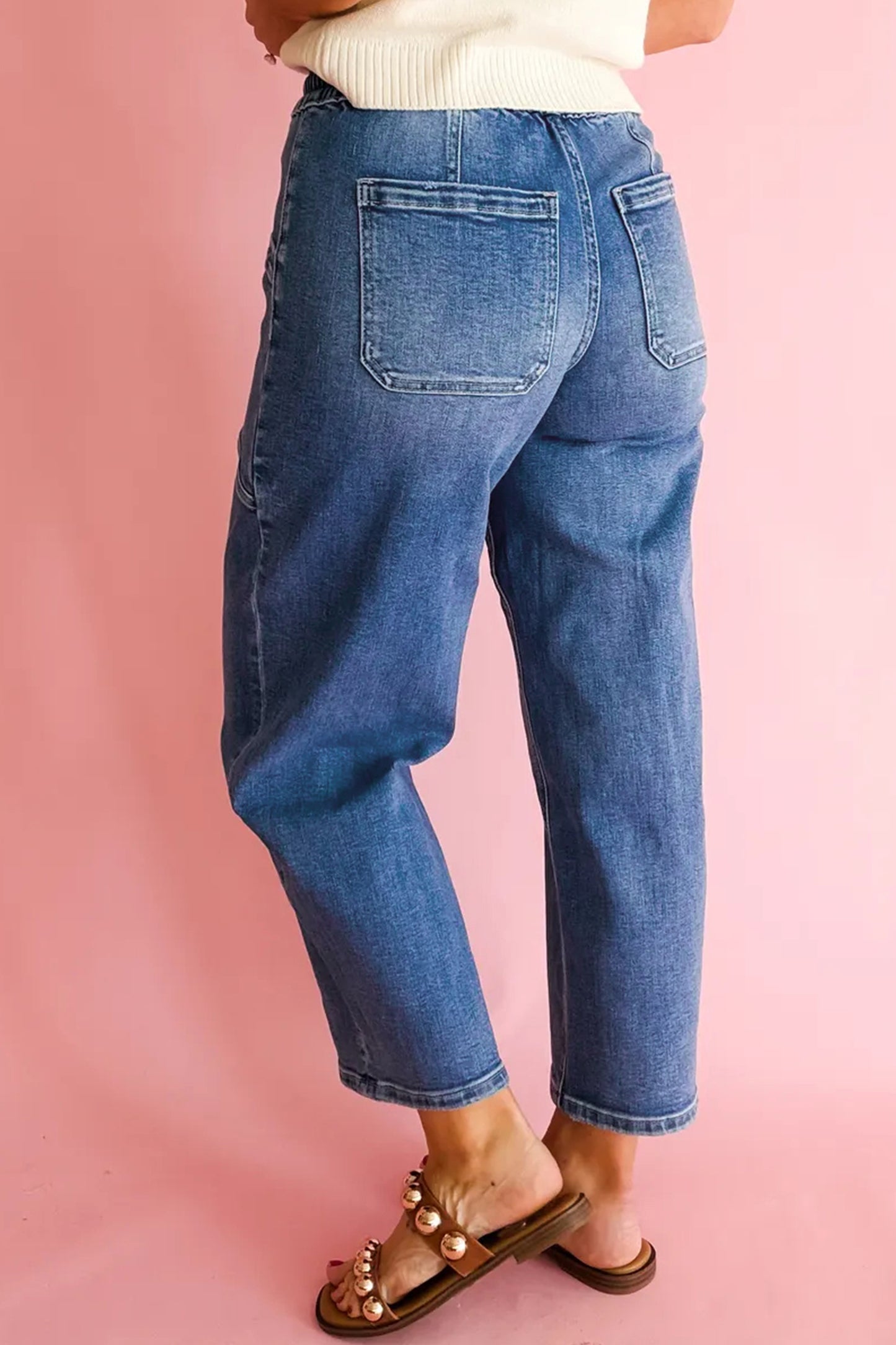 Ashleigh Blue Drawstring Waist Ankle Length Casual Jeans Regular Fit Pocket Detail Denim Pants-Bottoms/Jeans-[Adult]-[Female]-2022 Online Blue Zone Planet
