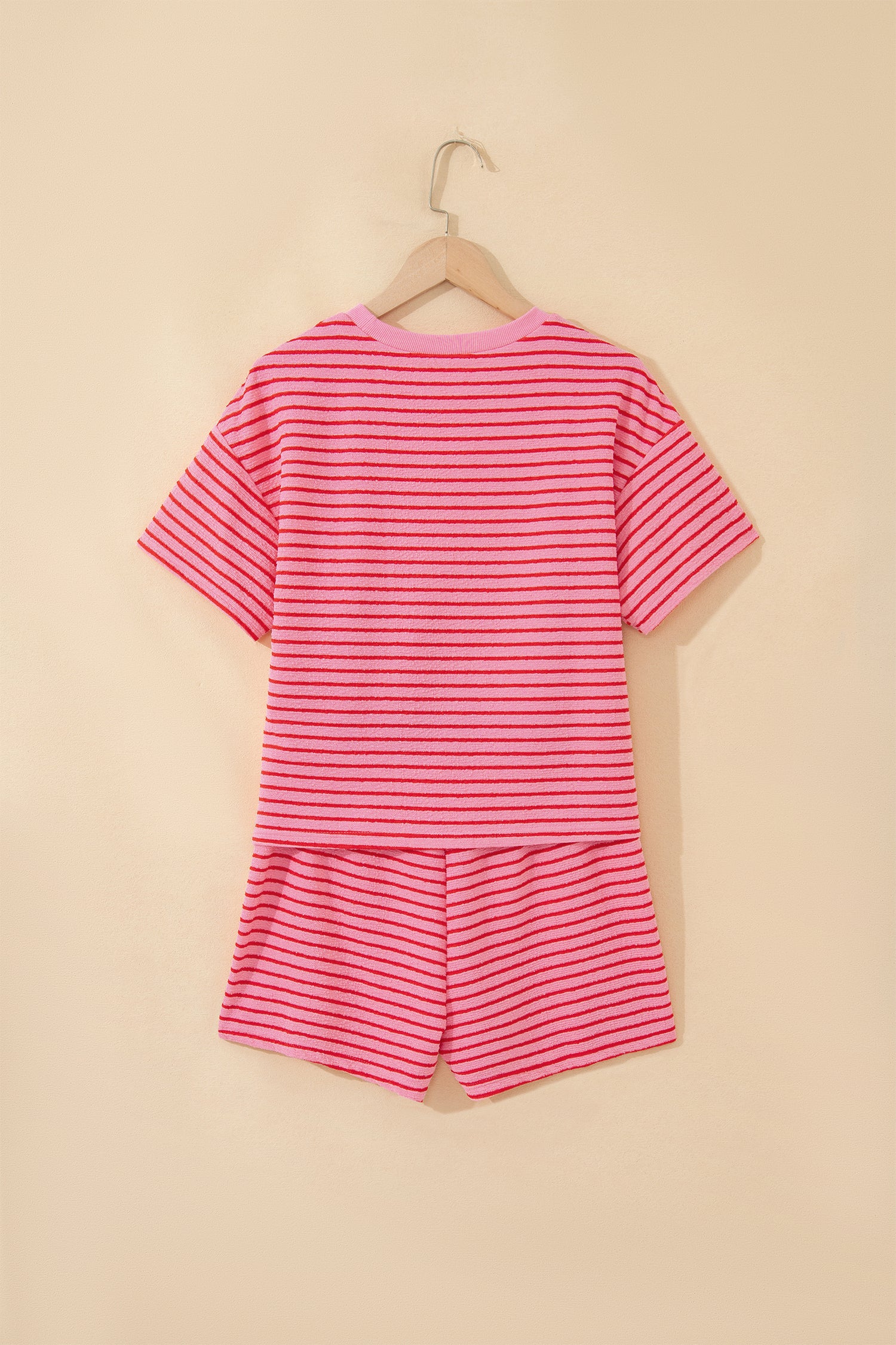 Rose Stripe Side Split Knit Tee Drawstring Shorts Set-Two Piece Sets/Short Sets-[Adult]-[Female]-2022 Online Blue Zone Planet