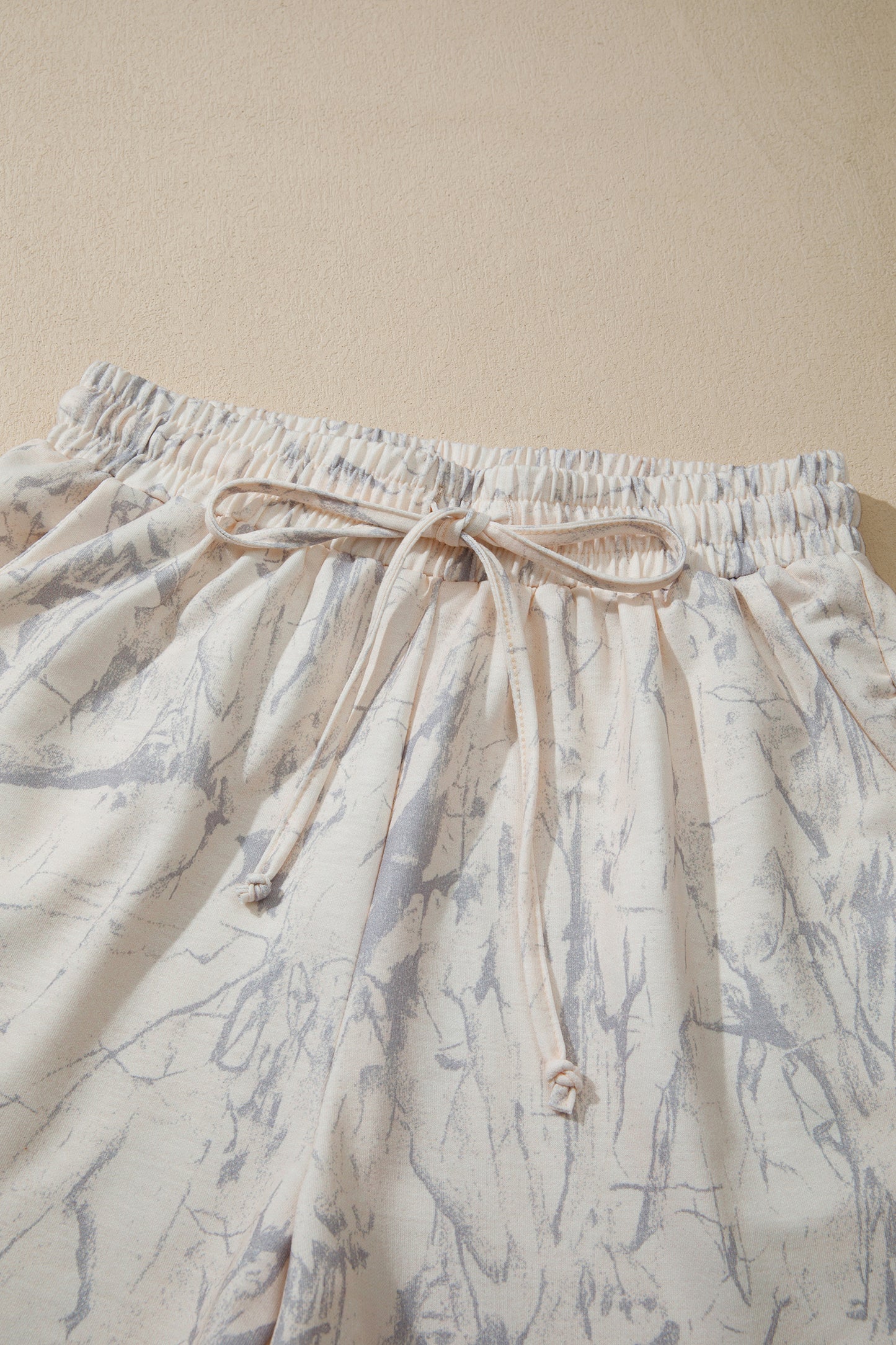 Khaki Abstract Print V Neck Loose Tee Drawstring Shorts 2pcs Outfit-Two Piece Sets/Short Sets-[Adult]-[Female]-2022 Online Blue Zone Planet