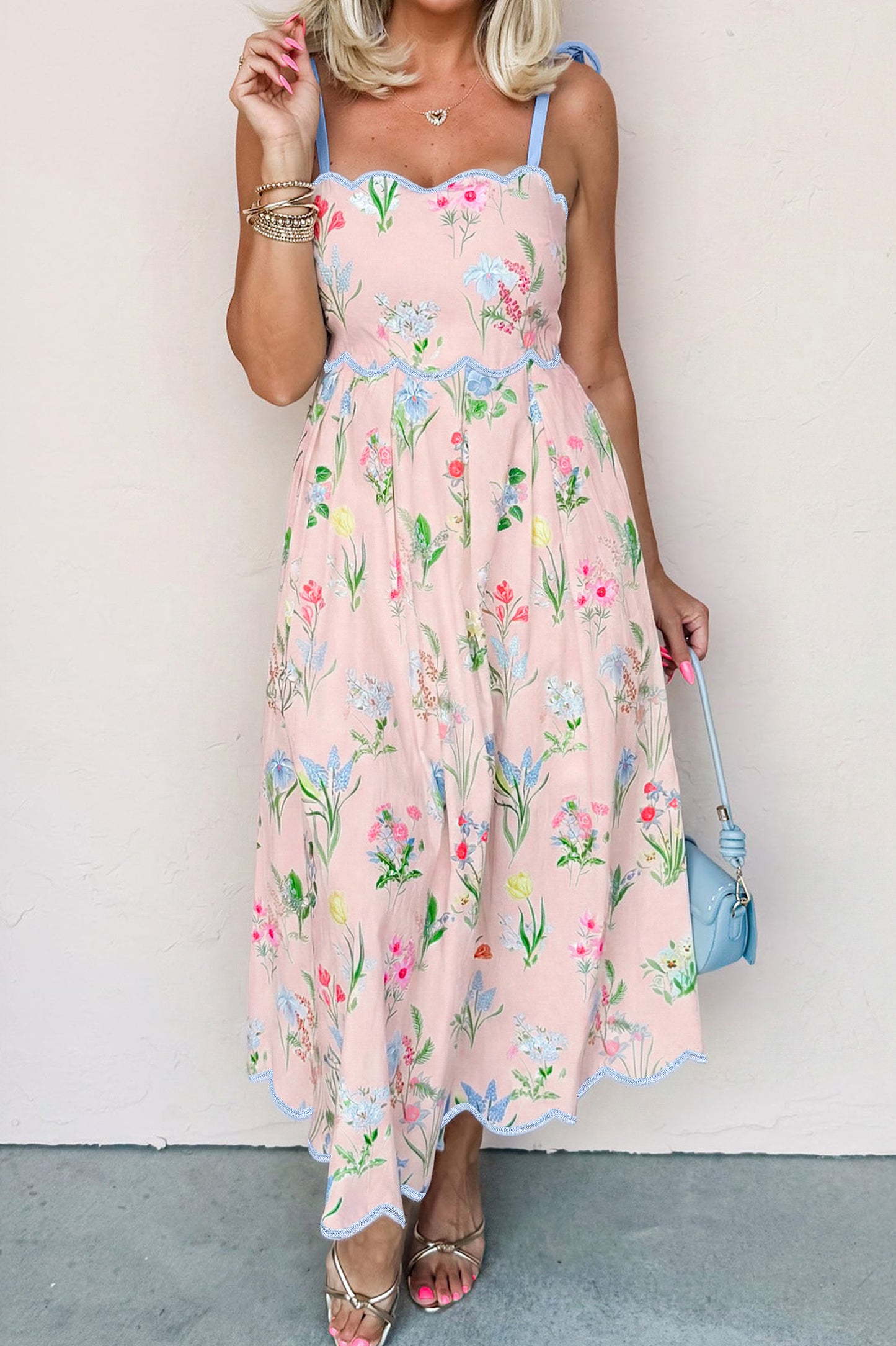 Beige Floral Print Contrast Trim Self-tie Straps High Waist Midi Dress-Dresses/Floral Dresses-[Adult]-[Female]-2022 Online Blue Zone Planet
