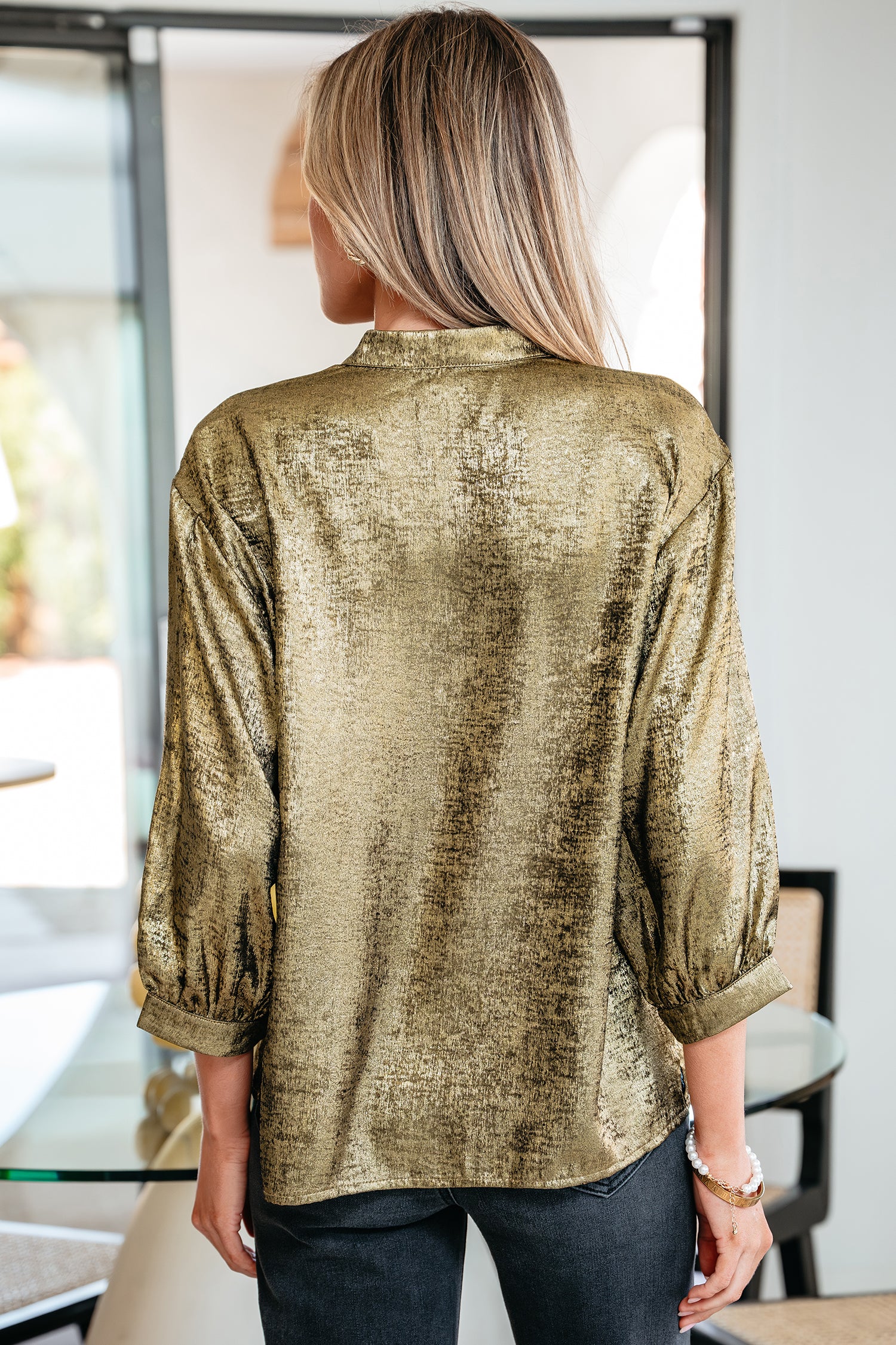 Gold Metallic Split Neck Half Sleeve Blouse-Tops/Blouses & Shirts-[Adult]-[Female]-2022 Online Blue Zone Planet