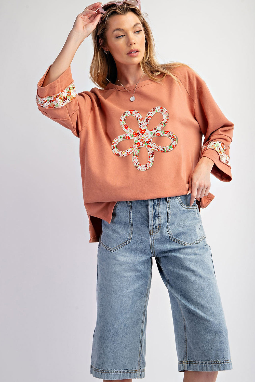 Grapefruit Orange Flower Patch Graphic Exposed Seam Wide Sleeve Top-Graphic/Graphic Long Sleeve Tees-[Adult]-[Female]-2022 Online Blue Zone Planet