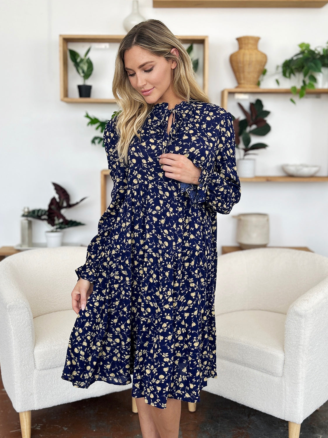 Double Take Full Size Printed Ruffle Hem Long Sleeve Tiered Dress-TOPS / DRESSES-[Adult]-[Female]-2022 Online Blue Zone Planet