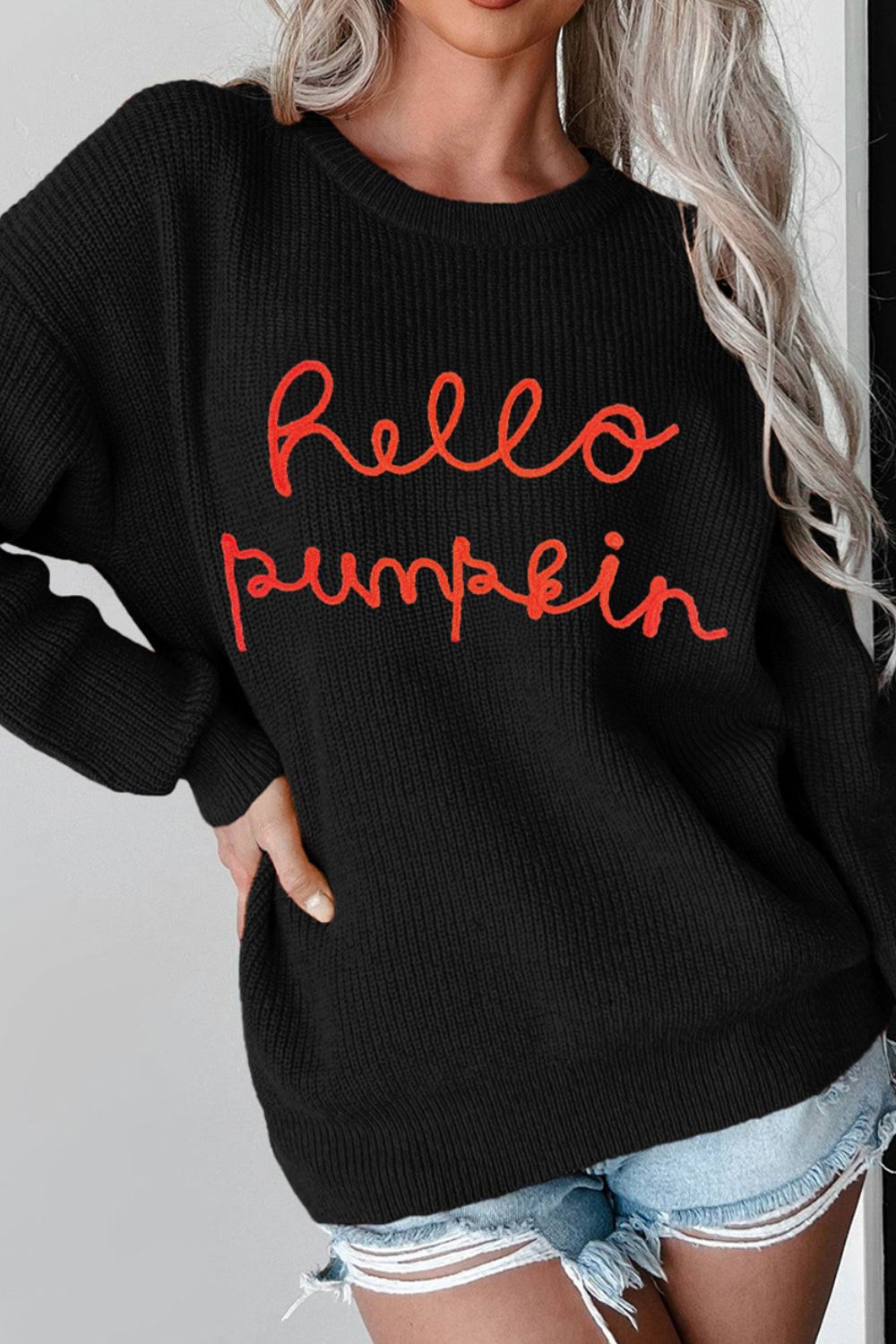 HELLO PUMPKIN Round Neck Long Sleeve Sweater-TOPS / DRESSES-[Adult]-[Female]-Black-S-2022 Online Blue Zone Planet