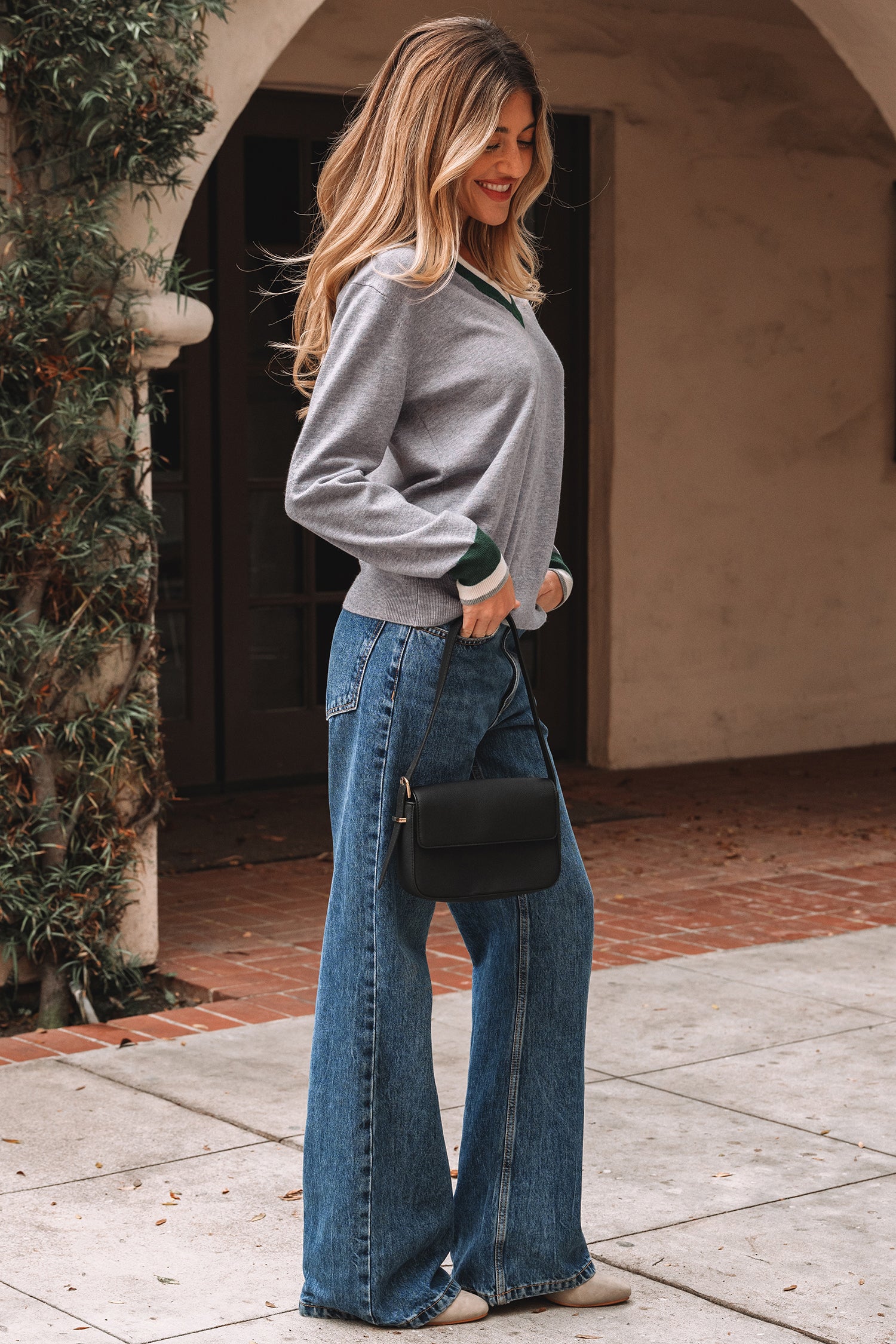 Gray Contrast Striped Trim V Neck Varsity Sweater-Sweaters & Cardigans/Sweaters-[Adult]-[Female]-2022 Online Blue Zone Planet