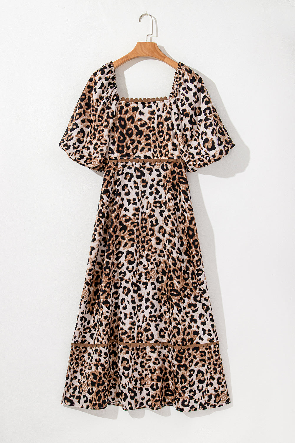 Brown Leopard Print Puff Sleeve Ricrac Maxi Dress-Maxi Dresses-[Adult]-[Female]-2022 Online Blue Zone Planet