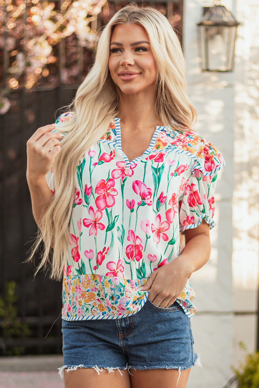 Pink Floral Print Striped Detail Split Neck Short Sleeve Blouse-Tops/Blouses & Shirts-[Adult]-[Female]-2022 Online Blue Zone Planet