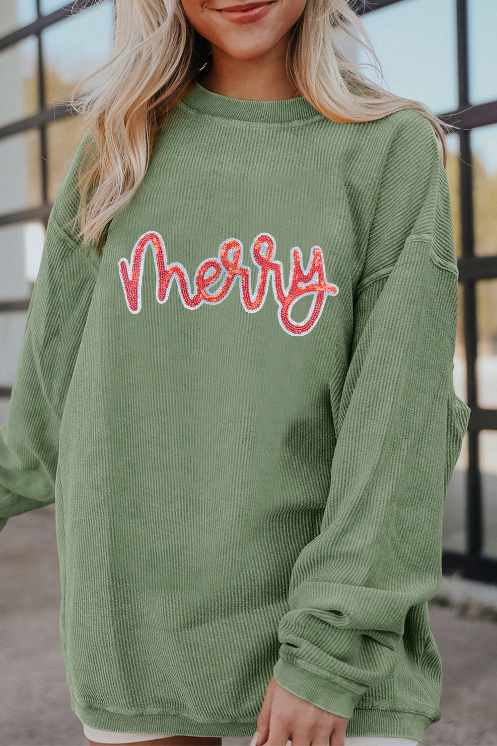 Grass Green Sequined merry Letter Graphic Twisted Ribbed Baggy Sweatshirt-Graphic/Graphic Sweatshirts-[Adult]-[Female]-2022 Online Blue Zone Planet