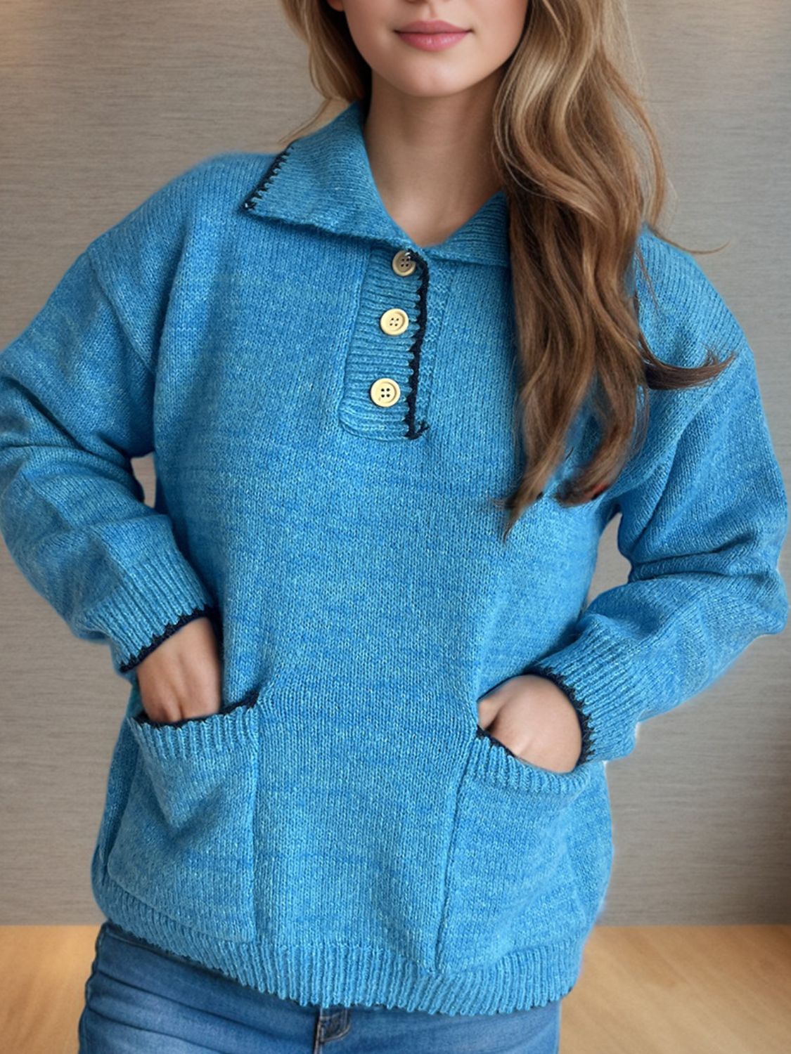 Blue Zone Planet | Contrast Trim Quarter Button Long Sleeve Sweater-TOPS / DRESSES-[Adult]-[Female]-2022 Online Blue Zone Planet