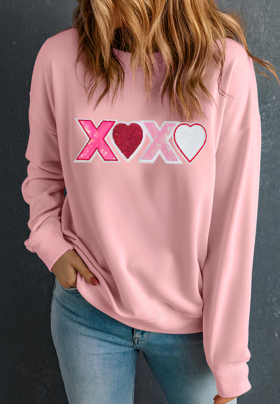 Blue Zone Planet | Valentine’s Day XOXO Round Neck Long Sleeve Sweatshirt-TOPS / DRESSES-[Adult]-[Female]-2022 Online Blue Zone Planet