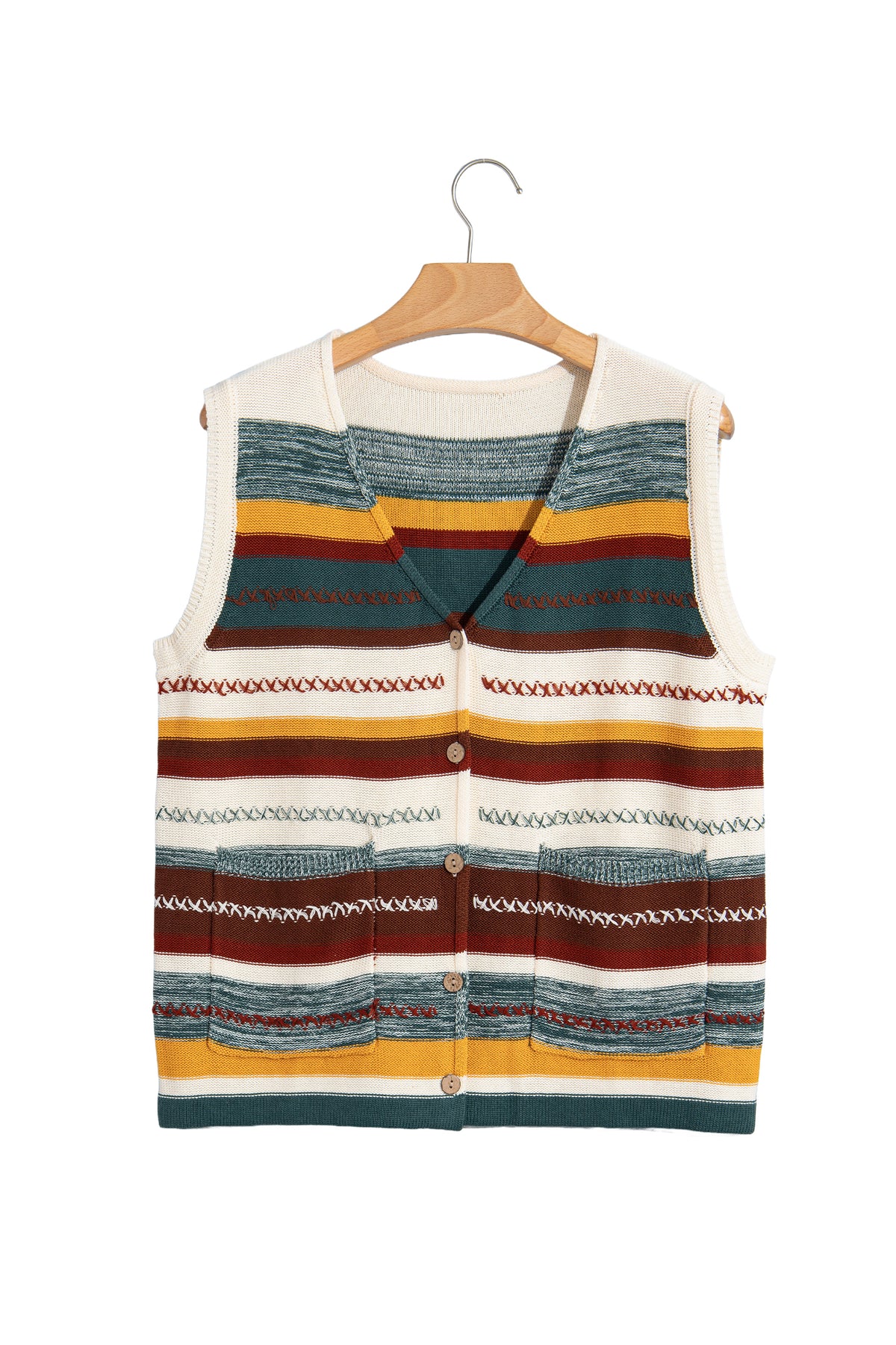 Multicolour Striped Button Front Sleeveless Knit Regular Fit Sweater Vest-Sweaters & Cardigans/Sweater Vests-[Adult]-[Female]-2022 Online Blue Zone Planet