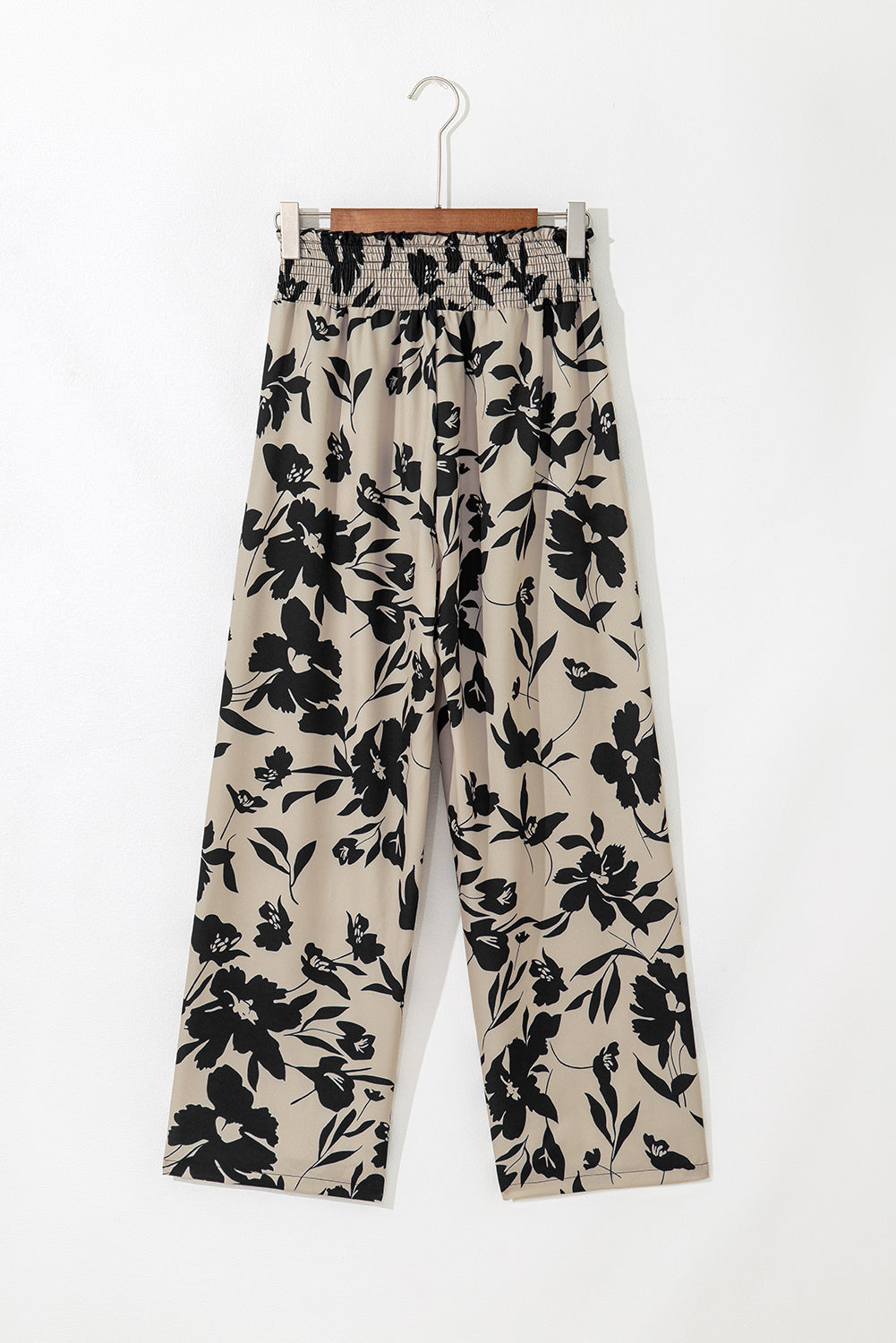 Khaki Floral Print Smocked High Waist Wide Leg Pants-Bottoms/Pants & Culotte-[Adult]-[Female]-2022 Online Blue Zone Planet