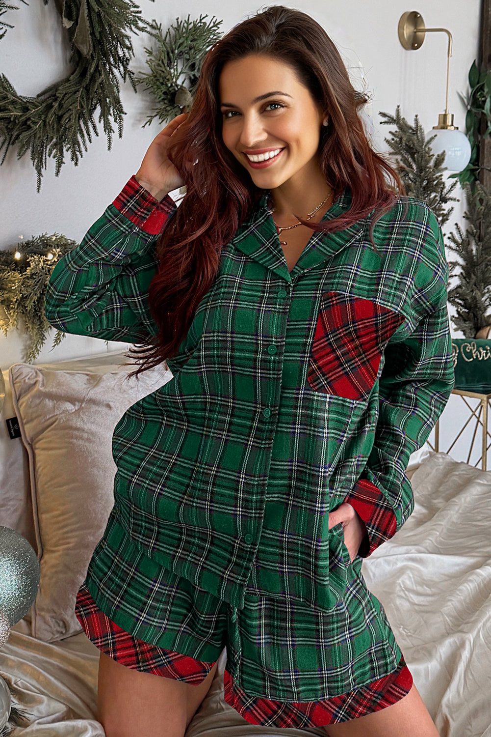 Green Plaid Christmas Holiday Patchwork Long Sleeve Shirt and Shorts Pajama Set-Loungewear Set-[Adult]-[Female]-2022 Online Blue Zone Planet