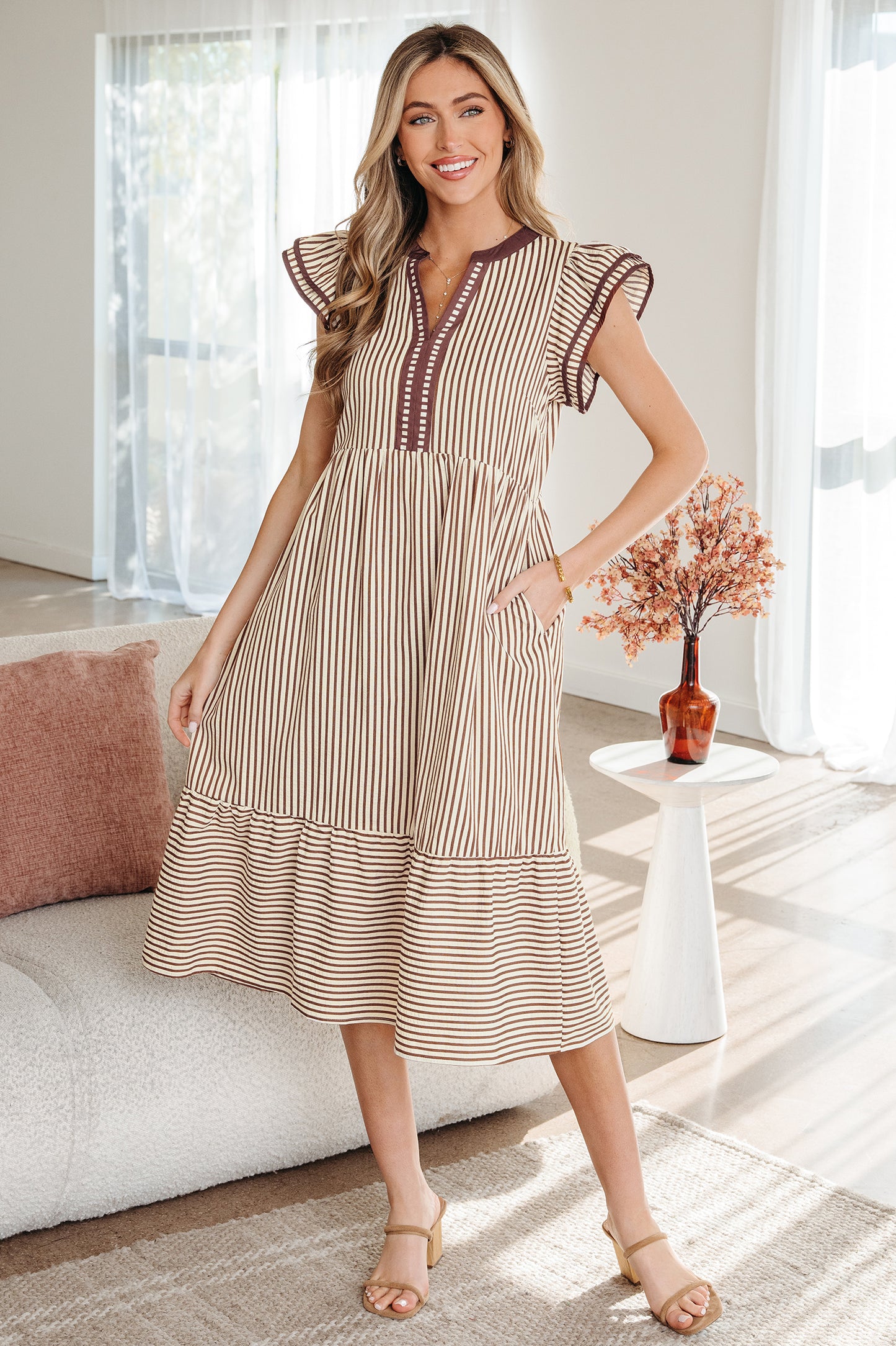 Brown Stripe Double Ruffled Short Sleeve Contrast Trim V Neck Midi Dress-TOPS / DRESSES-[Adult]-[Female]-2022 Online Blue Zone Planet