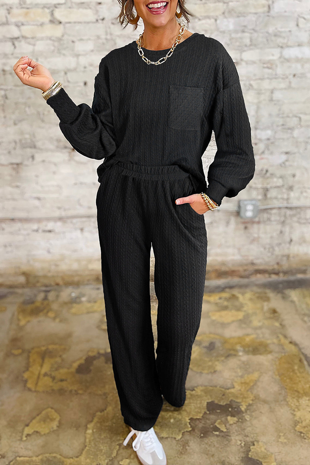 Black Textured Chest Pocket Long Sleeve Top 2Pcs Pants Set-Two Piece Sets/Pant Sets-[Adult]-[Female]-2022 Online Blue Zone Planet