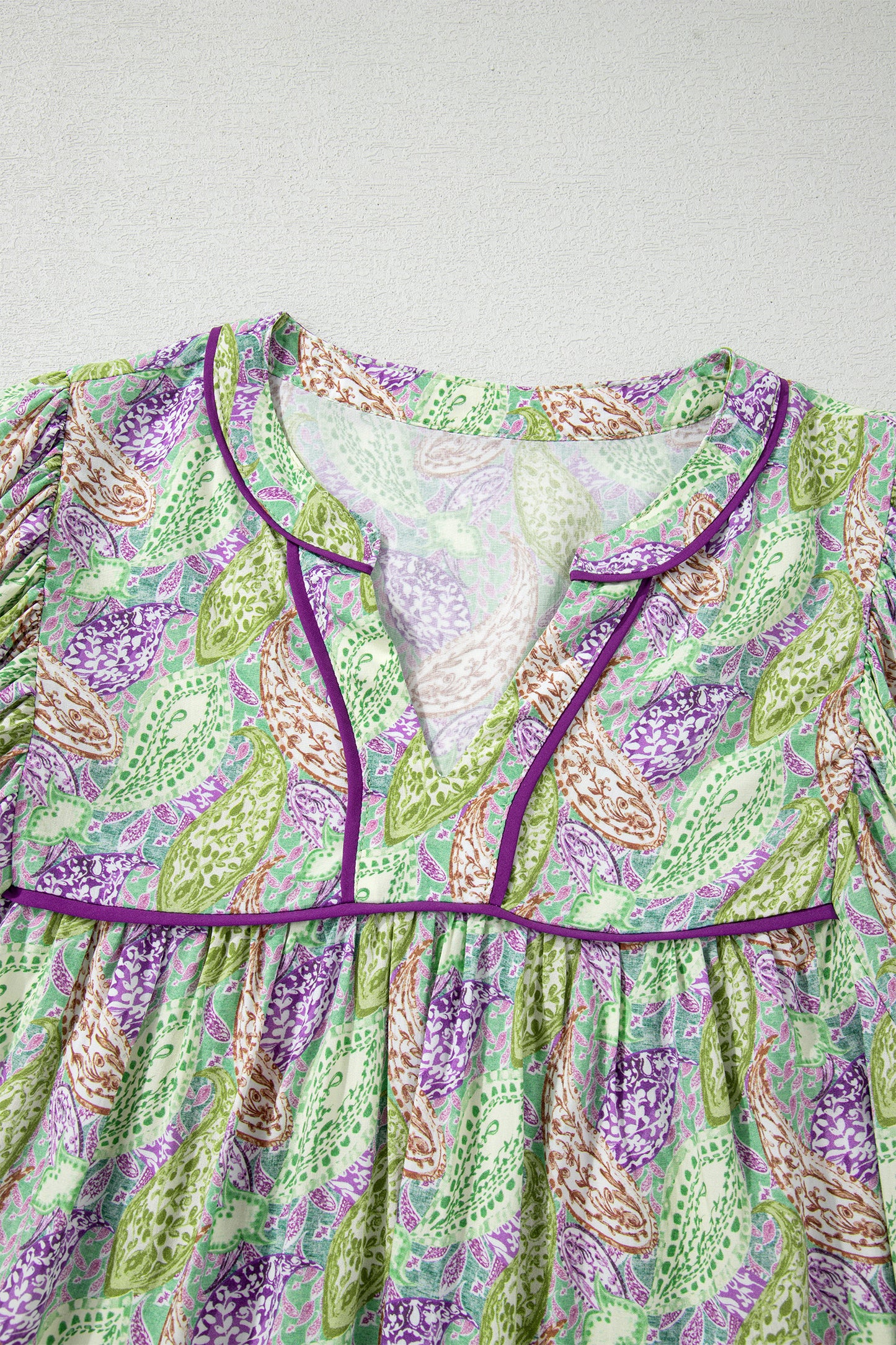 Green Boho Paisley Print Half Puff Sleeve Blouse-Tops/Blouses & Shirts-[Adult]-[Female]-2022 Online Blue Zone Planet