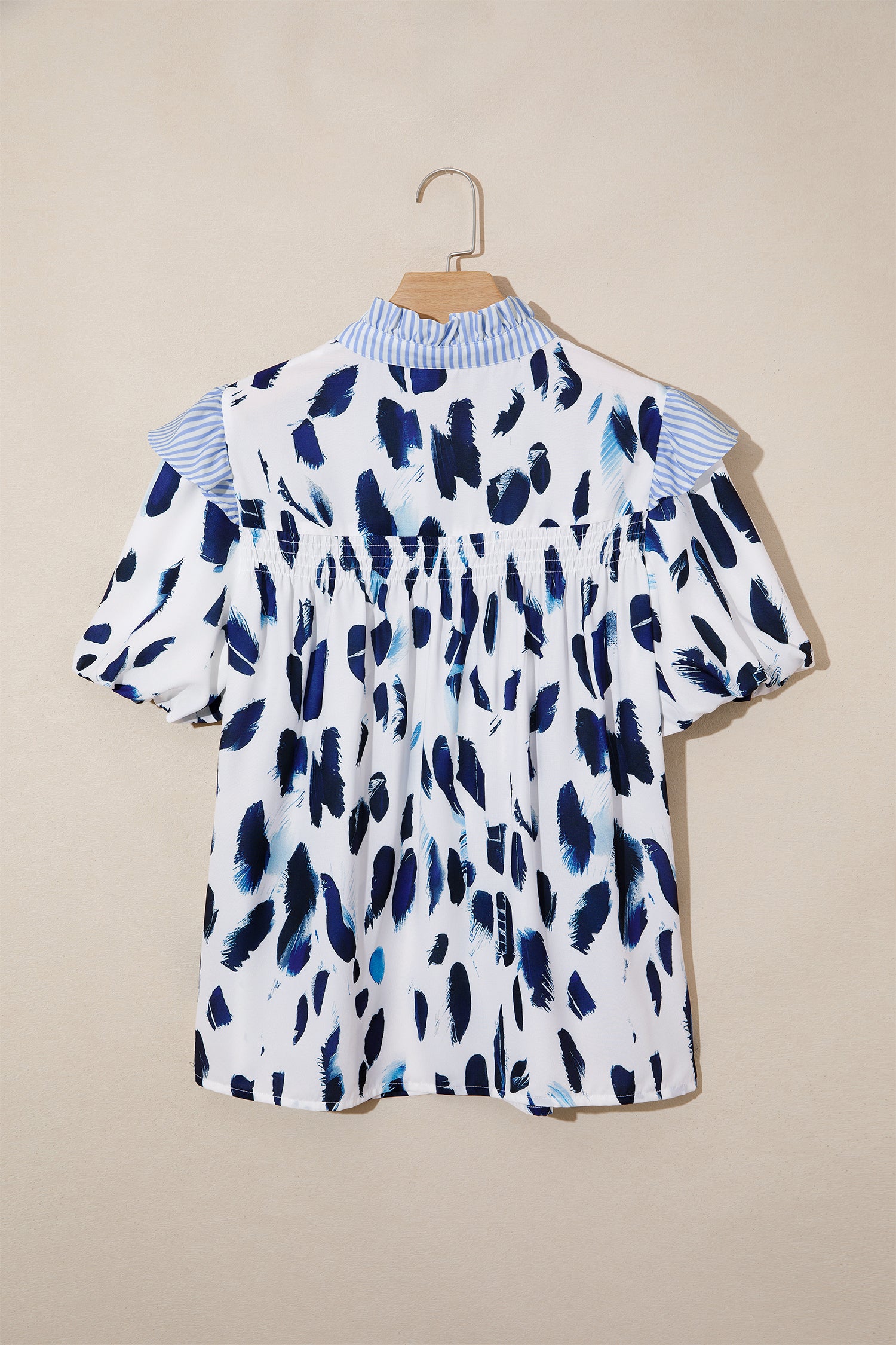 Beige Abstract Animal Print Striped Ruffle Trim V Neck Blouse-Tops/Blouses & Shirts-[Adult]-[Female]-2022 Online Blue Zone Planet