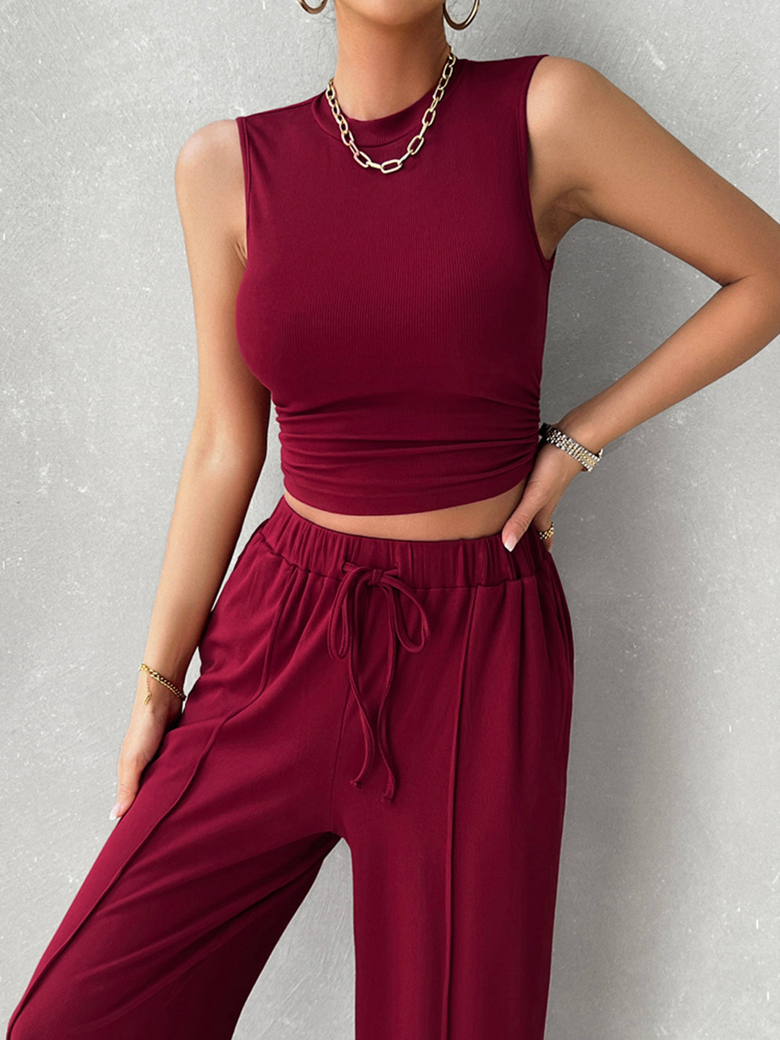 Devine Mock Neck Sleeveless Top and Drawstring Pants Set-TOPS / DRESSES-[Adult]-[Female]-Burgundy-S-2022 Online Blue Zone Planet