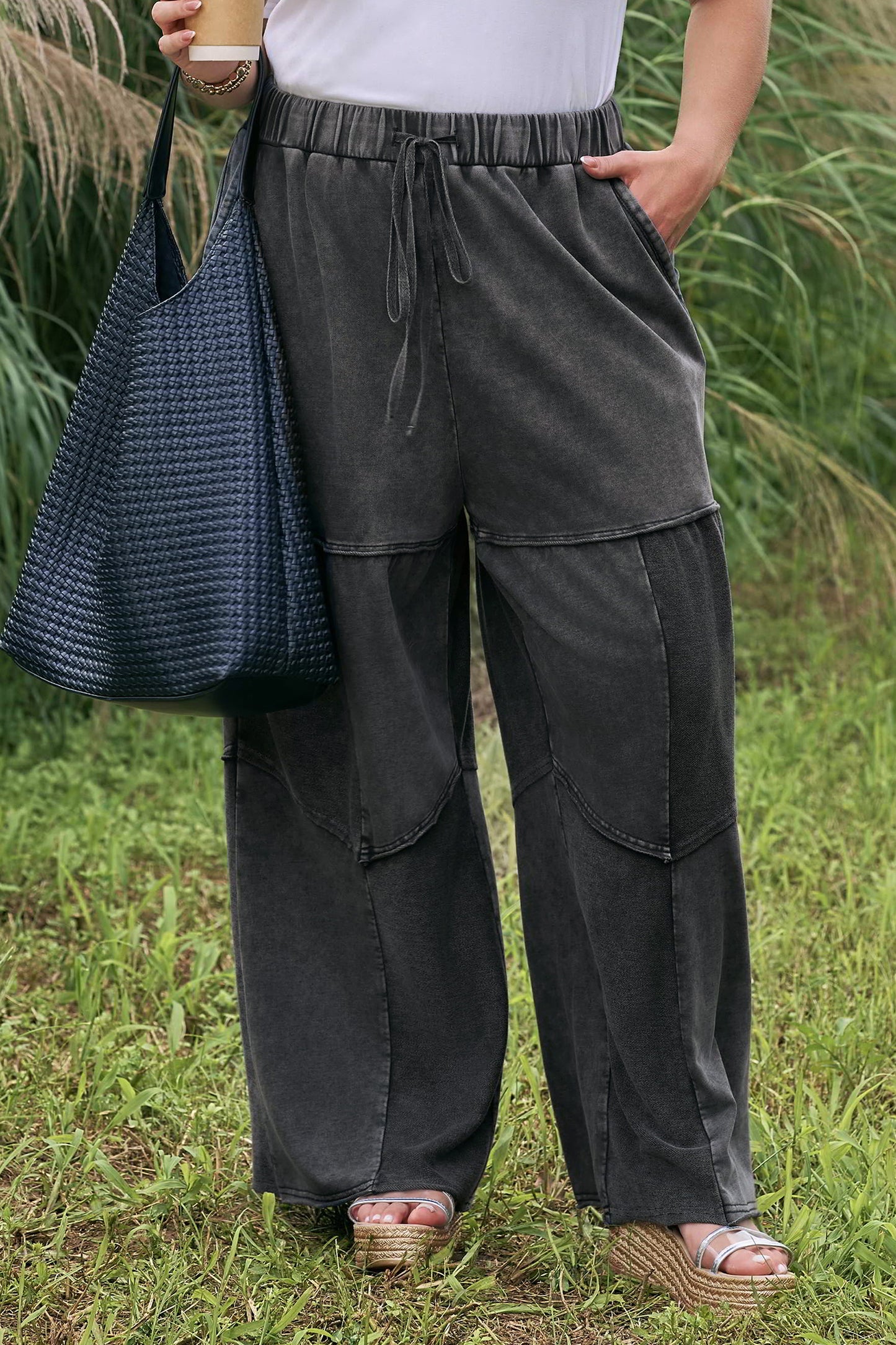 Black Plus Size Mineral Wash Exposed Seam Patchwork Drawstring Loose Pants-Plus Size/Plus Size Bottoms-[Adult]-[Female]-2022 Online Blue Zone Planet