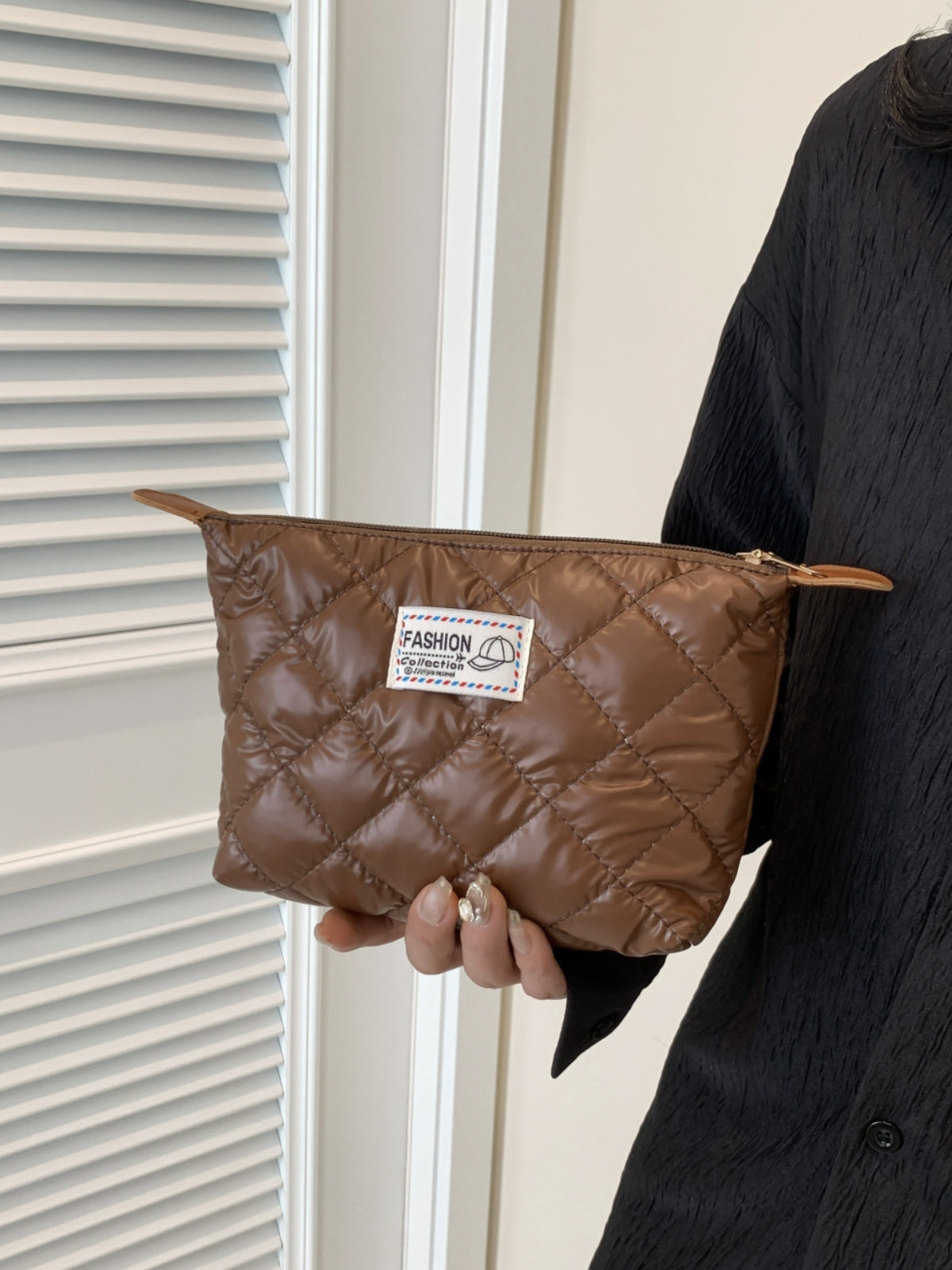 Solid Quilted Clutch with Zipper-HANDBAGS-[Adult]-[Female]-2022 Online Blue Zone Planet