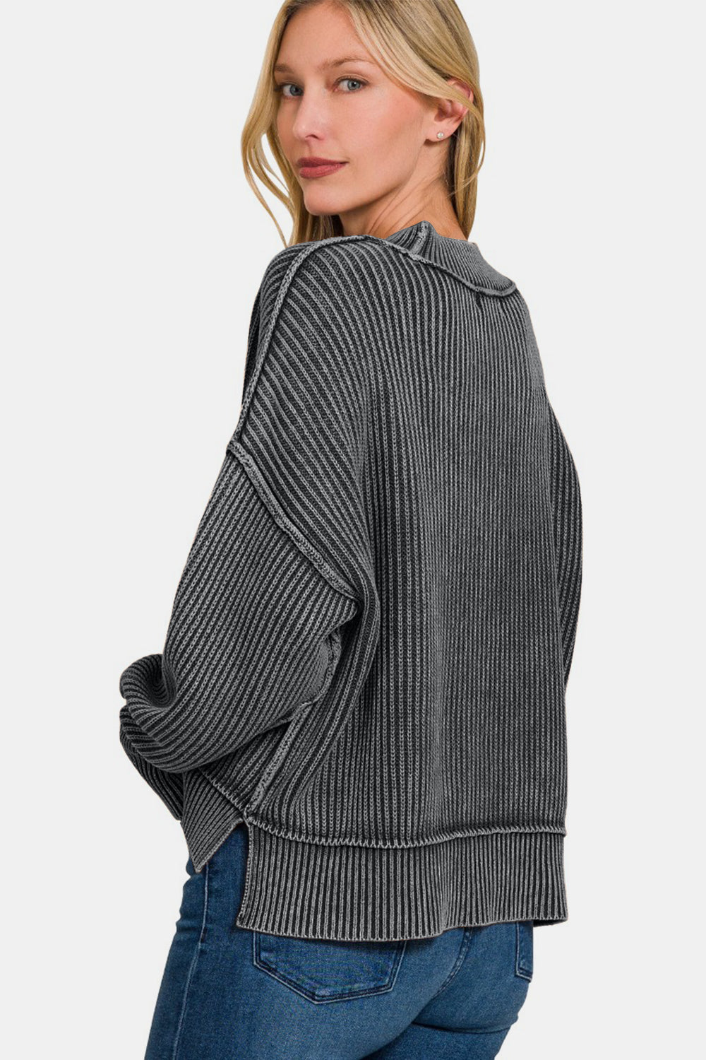 Blue Zone Planet | Zenana Exposed Seam Round Neck Dropped Shoulder Sweater-TOPS / DRESSES-[Adult]-[Female]-2022 Online Blue Zone Planet