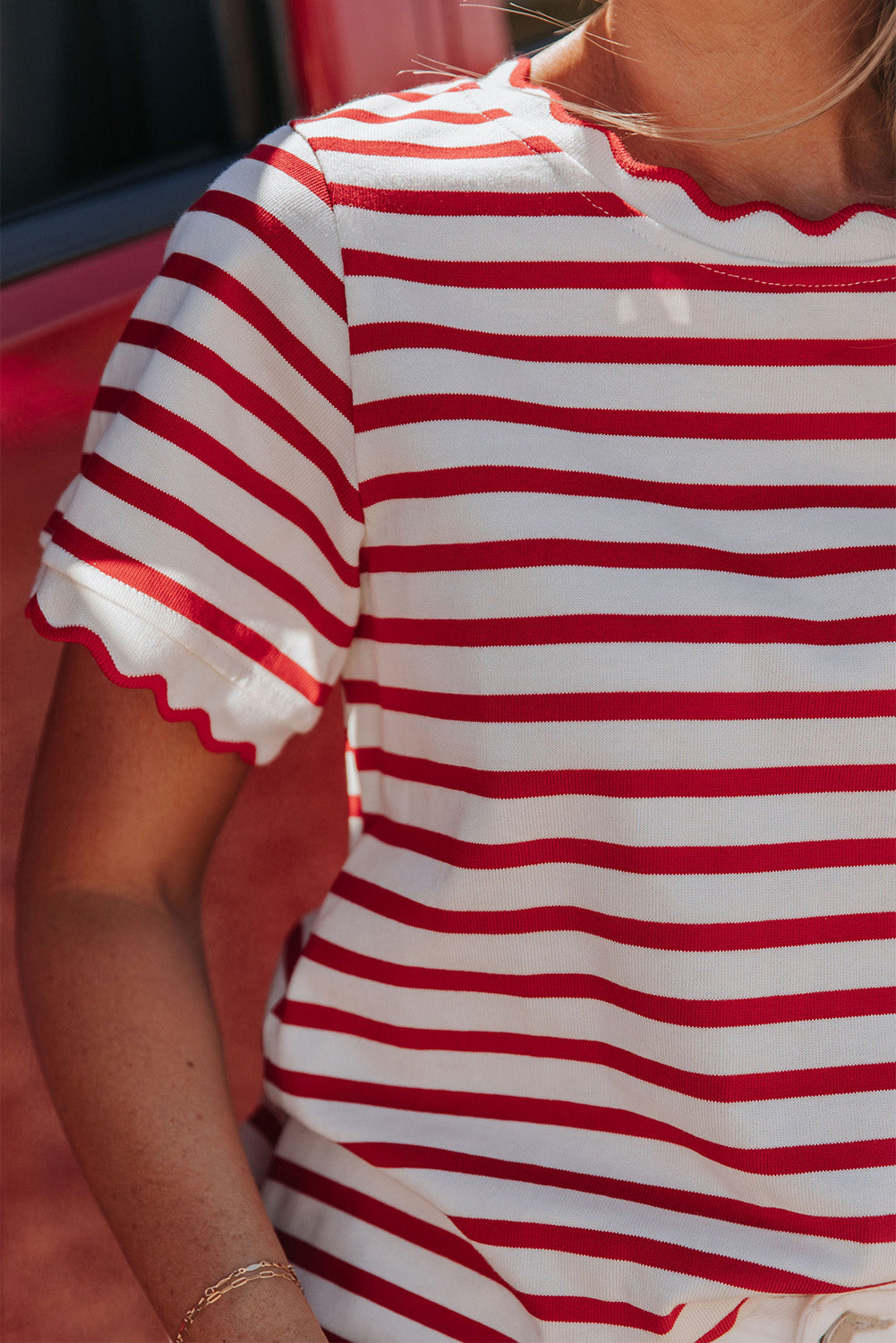 Red Stripe Scalloped Trim Round Neck T Shirt-Tops/Tops & Tees-[Adult]-[Female]-2022 Online Blue Zone Planet