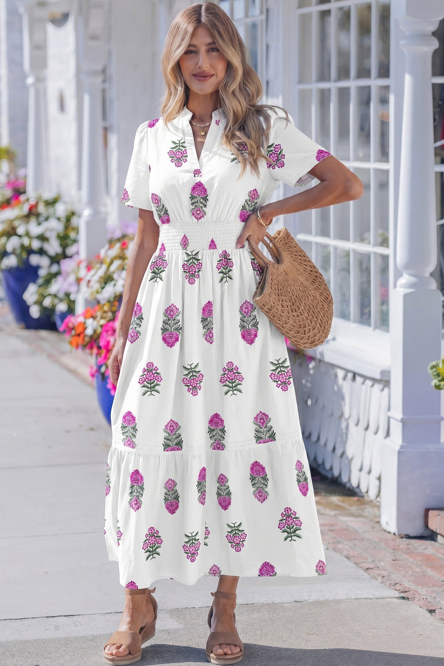White Floral Print Split Neck Shirred High Waist Ruffle Hem Maxi Dress-TOPS / DRESSES-[Adult]-[Female]-2022 Online Blue Zone Planet