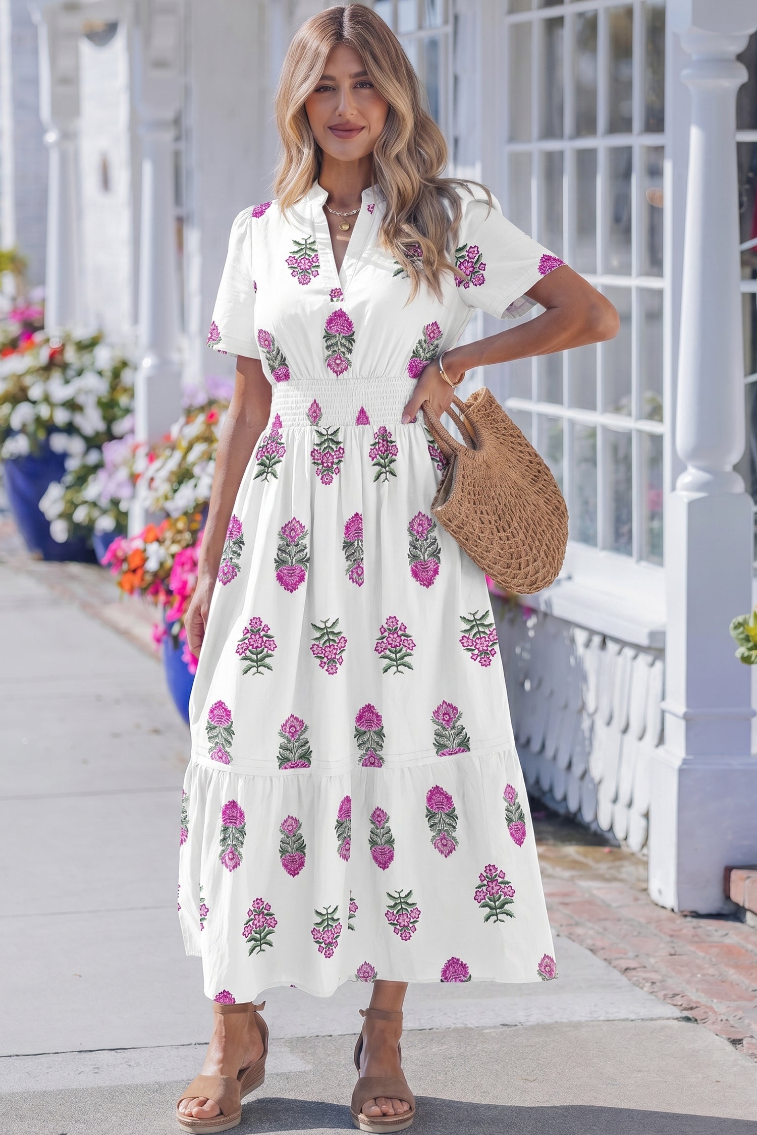 White Floral Print Split Neck Shirred High Waist Ruffle Hem Maxi Dress-TOPS / DRESSES-[Adult]-[Female]-2022 Online Blue Zone Planet