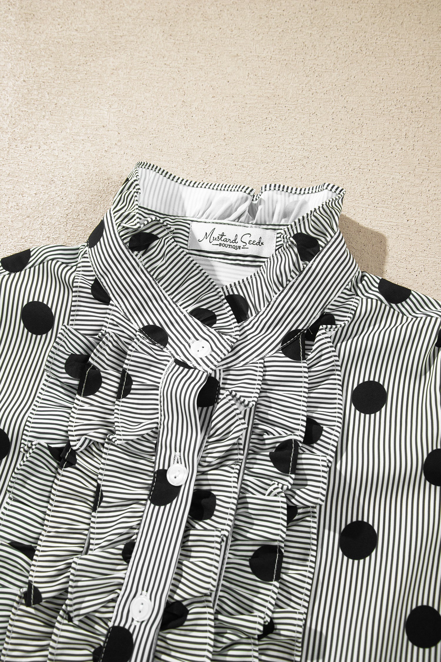Black white Polka Dot Striped Print Ruffle Stand Neck 3/4 Sleeve Shift Shirt-Tops/Blouses & Shirts-[Adult]-[Female]-2022 Online Blue Zone Planet