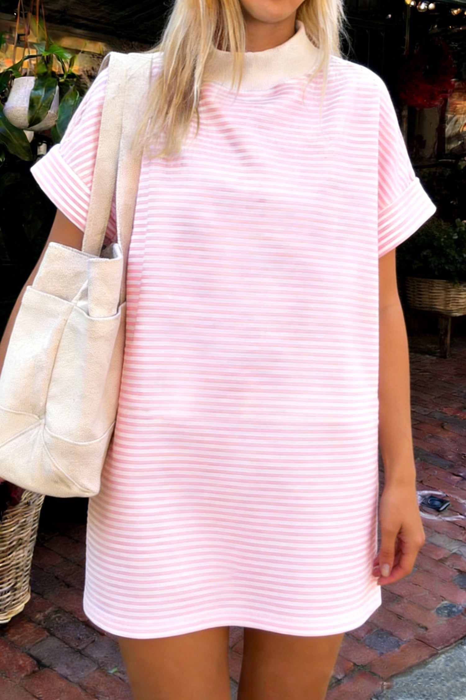 Pink Stripe Cuffed Short Sleeve Contrast Mock Neck Tee Dress-TOPS / DRESSES-[Adult]-[Female]-2022 Online Blue Zone Planet