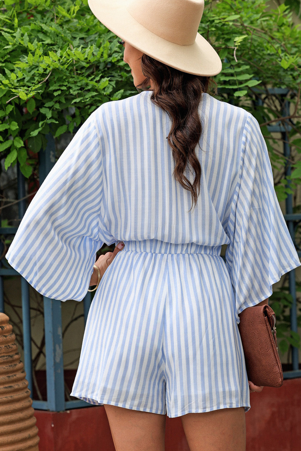 Tied Striped Three-Quarter Sleeve Romper-TOPS / DRESSES-[Adult]-[Female]-2022 Online Blue Zone Planet