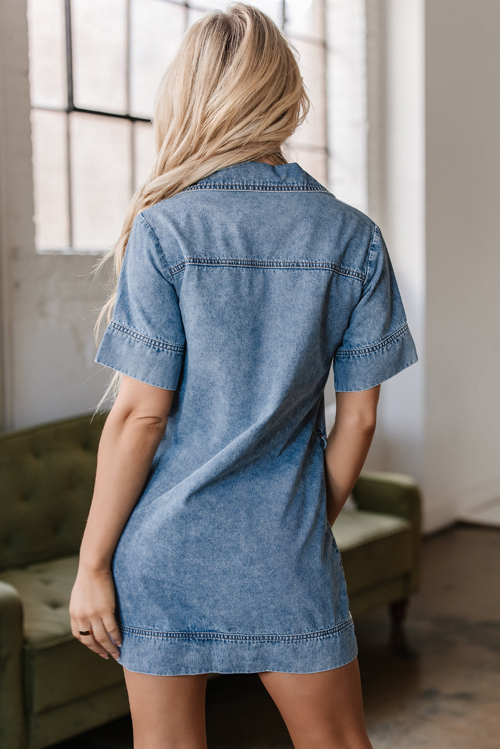 Beau Blue Short Sleeve Collared Patched Pocket Denim Mini Dress-Dresses/Mini Dresses-[Adult]-[Female]-2022 Online Blue Zone Planet