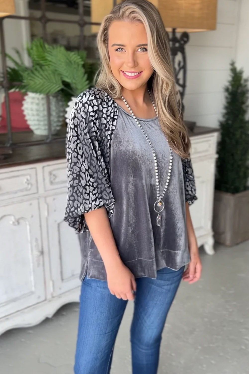 Medium Grey Leopard Splicing Lantern Sleeve Velvet Blouse-Tops/Blouses & Shirts-[Adult]-[Female]-2022 Online Blue Zone Planet