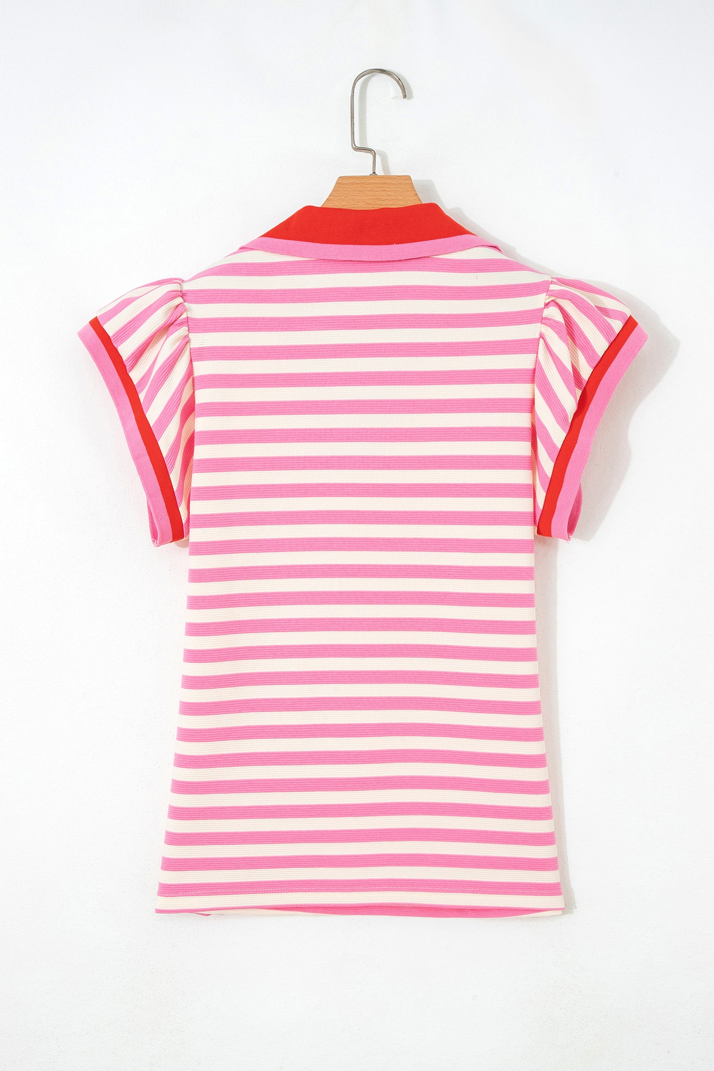 Rose Stripe Contrast Trim Polo Collar Ruffled Short Sleeve Blouse-Tops/Blouses & Shirts-[Adult]-[Female]-2022 Online Blue Zone Planet