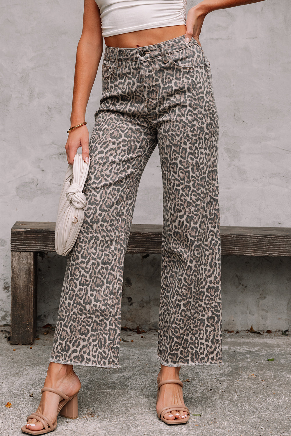 Brown Leopard Frayed Edge Wide Leg High Waist Jeans-Bottoms/Jeans-[Adult]-[Female]-2022 Online Blue Zone Planet