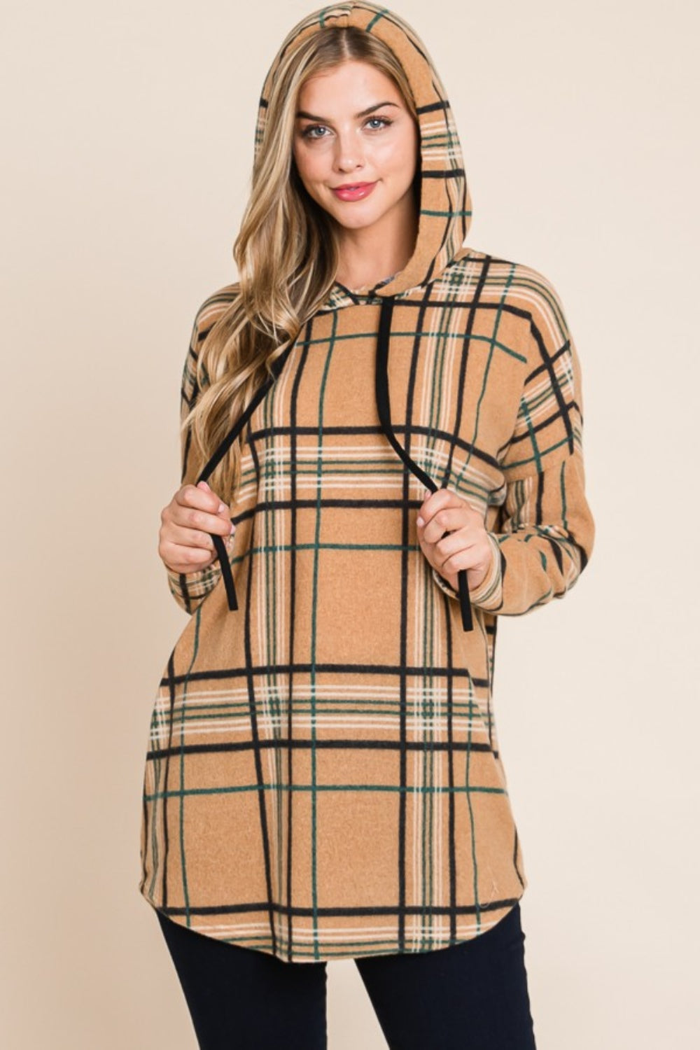 BOMBOM Drawstring Plaid Long Sleeve Hoodie-TOPS / DRESSES-[Adult]-[Female]-Taupe-S-2022 Online Blue Zone Planet