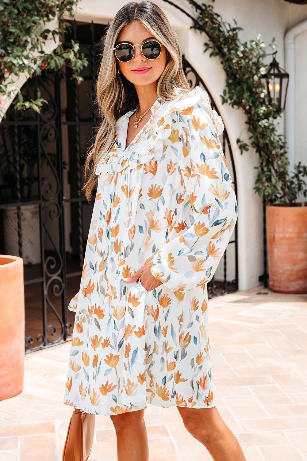 Yellow Floral Print Tie Neck Frilled Detail Long Sleeve Mini Dress-TOPS / DRESSES-[Adult]-[Female]-2022 Online Blue Zone Planet