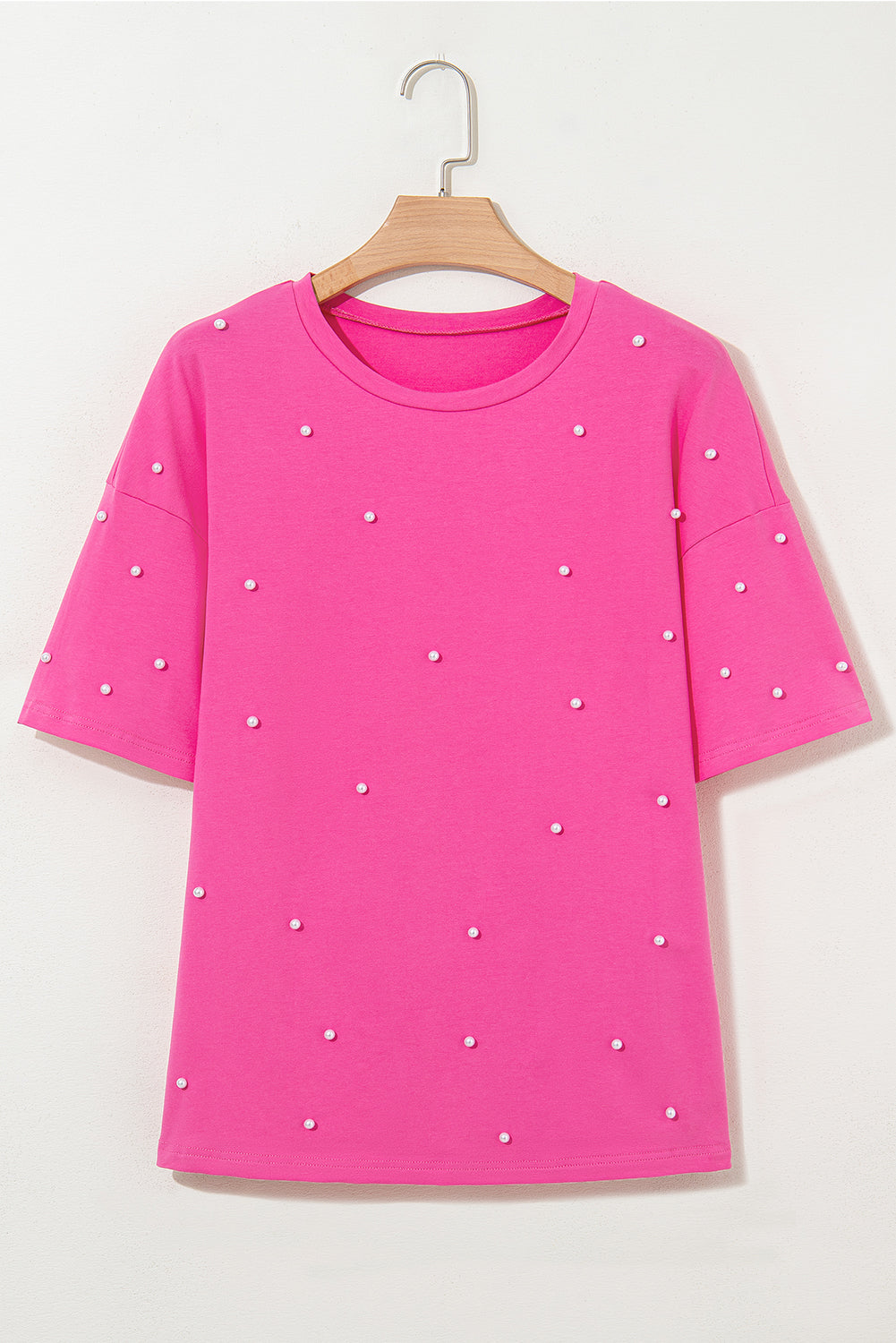 Bright Pink Pearl Beaded Drop Shoulder Crewneck T Shirt-Tops/Tops & Tees-[Adult]-[Female]-2022 Online Blue Zone Planet