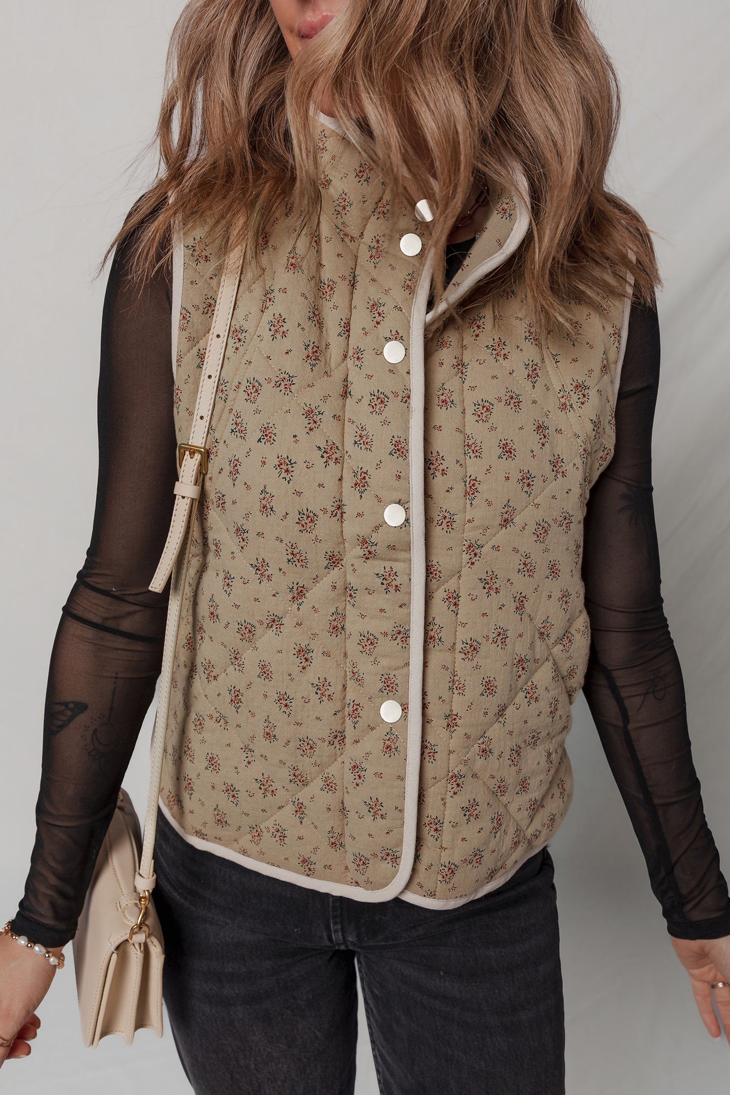 Khaki Floral Print Quilted Concealed Button Vest-Outerwear/Vests-[Adult]-[Female]-2022 Online Blue Zone Planet