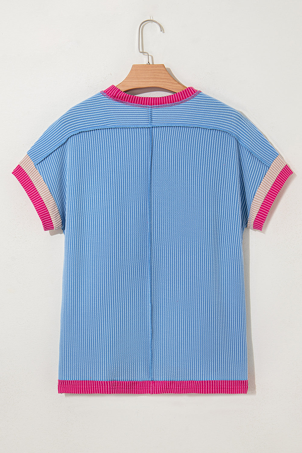 Sky Blue Textured Contrast Trim Round Neck T Shirt-Tops/Tops & Tees-[Adult]-[Female]-2022 Online Blue Zone Planet