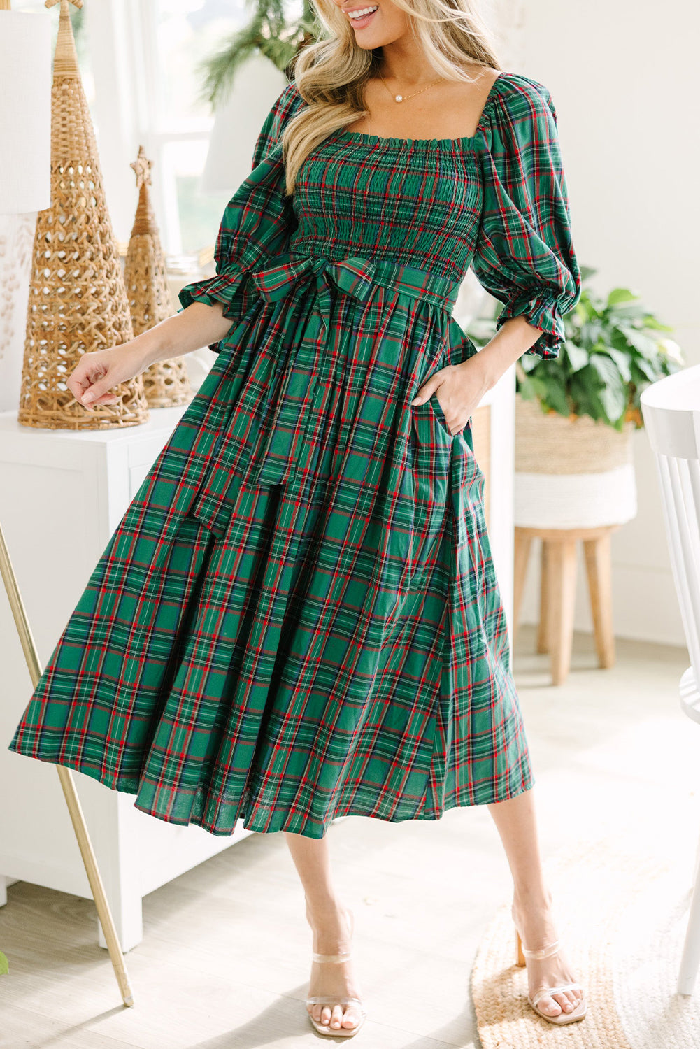 Green Tartan Plaid Square Neck Puff Sleeve Knot Waist Flared Midi Dress-TOPS / DRESSES-[Adult]-[Female]-Green-S-2022 Online Blue Zone Planet