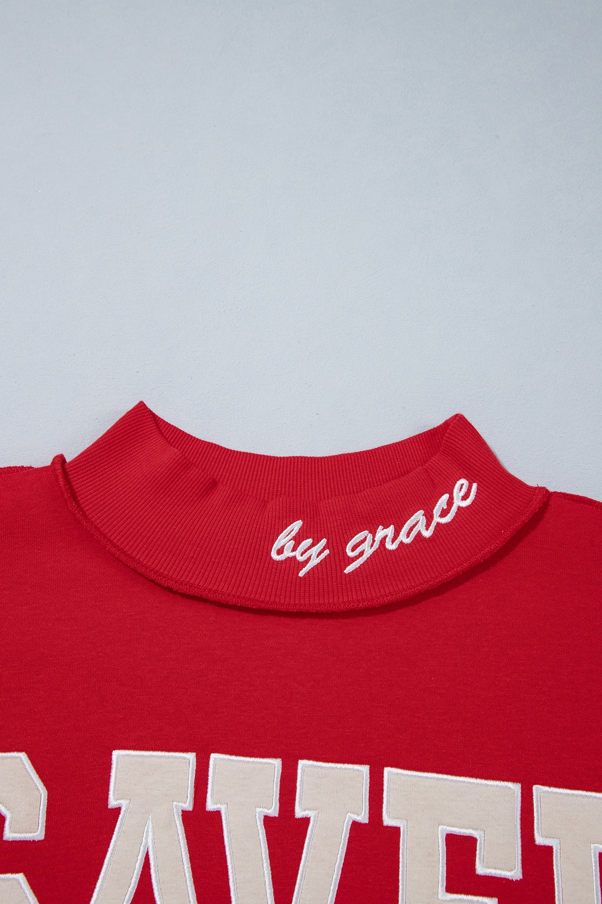 Gray Saved By Grace Embroidered Detail Letter Graphic High Neck Sweatshirt-Tops/Sweatshirts & Hoodies-[Adult]-[Female]-2022 Online Blue Zone Planet