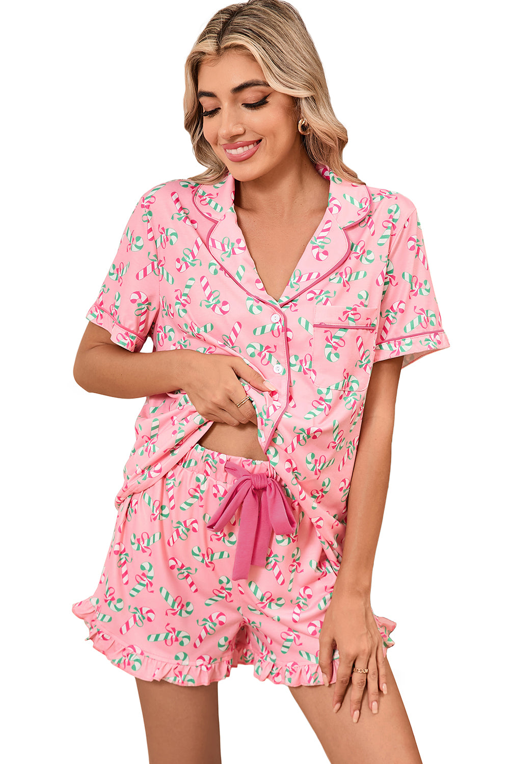 Red Christmas Candy Cane Print Pajama Set-Loungewear Set-[Adult]-[Female]-2022 Online Blue Zone Planet