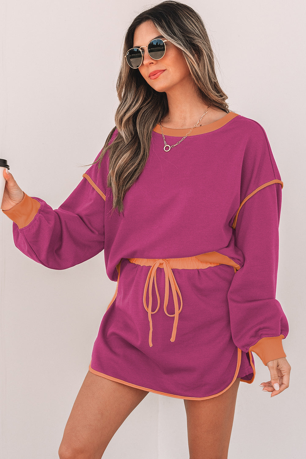 Blue Zone Planet | Rose Red Color Contrast Loose Pullover And Lace-Up Waist Skort Set-Two Piece Sets/Two Piece Dresses-[Adult]-[Female]-2022 Online Blue Zone Planet