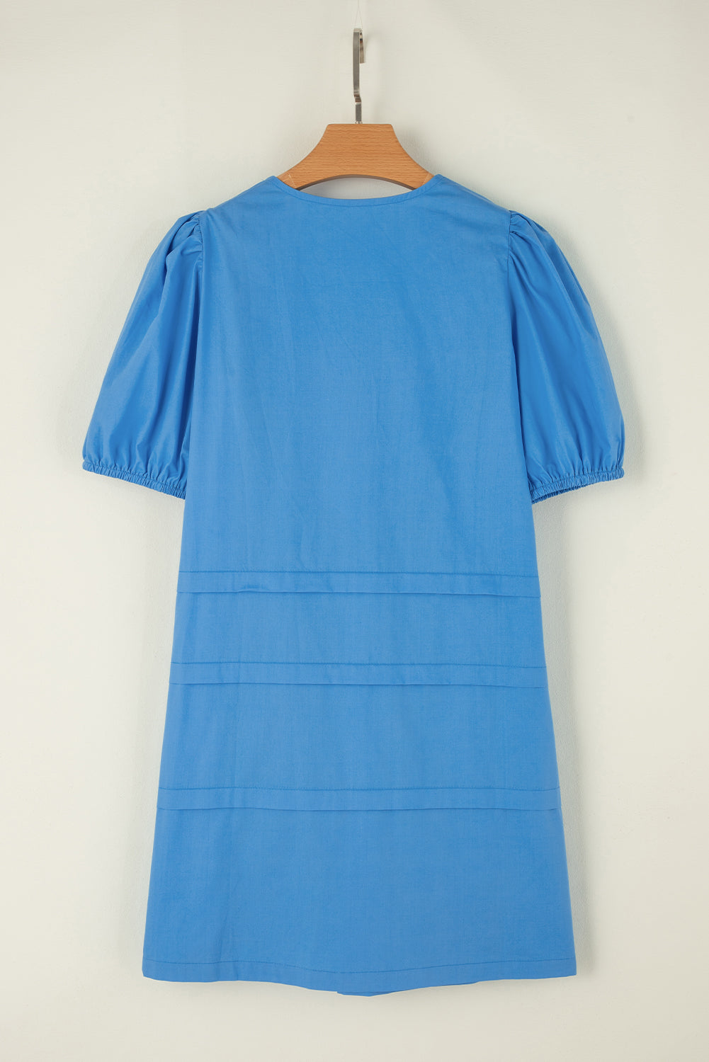 Blue Zone Planet | Blue Solid Color Pleated Puff Short Sleeve Shift Dress-TOPS / DRESSES-[Adult]-[Female]-2022 Online Blue Zone Planet