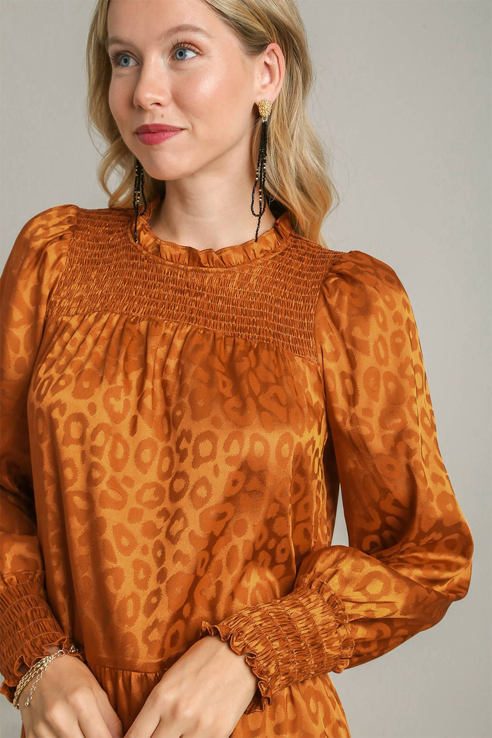 Blue Zone Planet | Umgee Smocked Leopard Long Sleeve Tiered Dress-TOPS / DRESSES-[Adult]-[Female]-2022 Online Blue Zone Planet